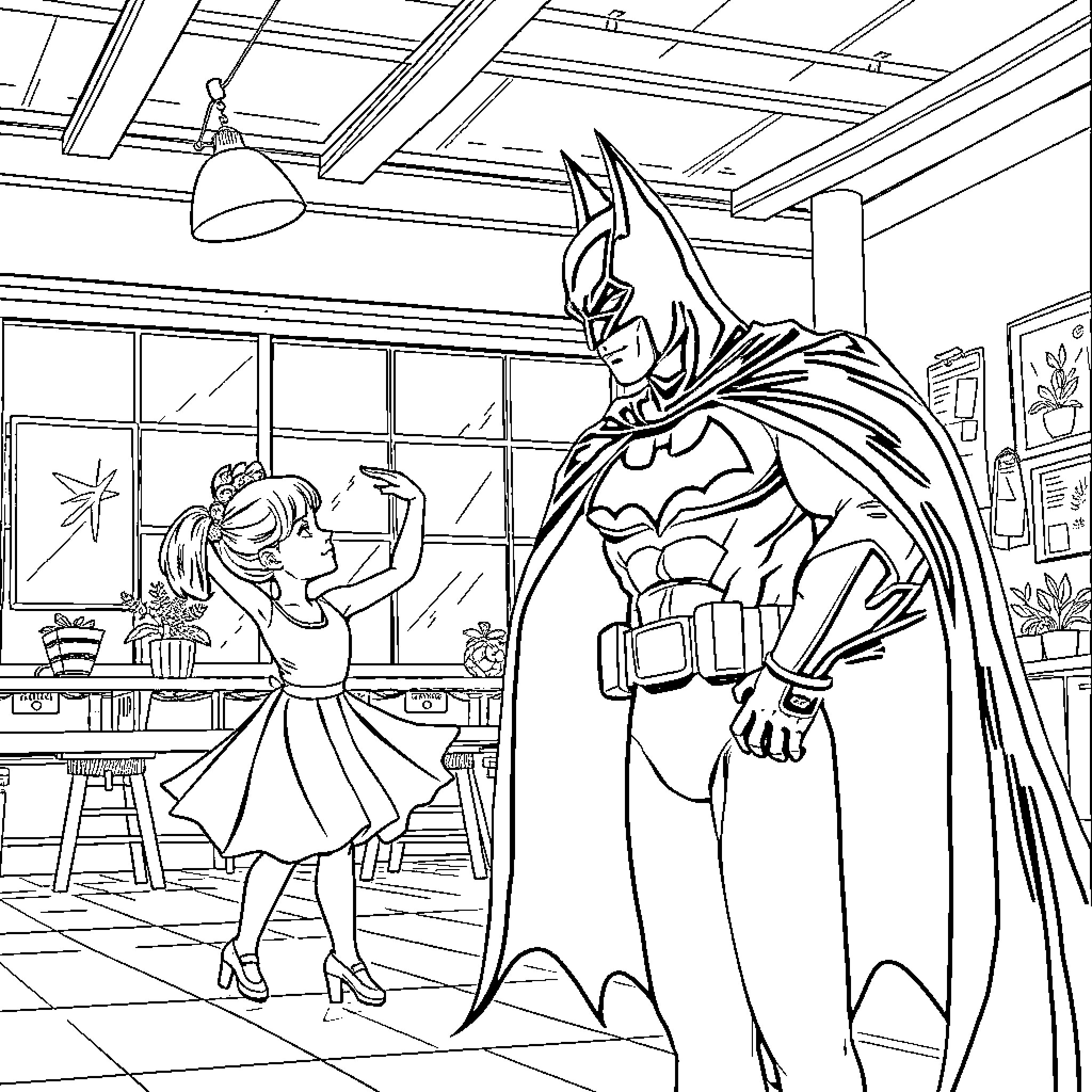 Batman protecting a child in a home setting Coloring Page (free black-and-white line drawing printable PDF for all, from beginners to advanced learners, including children, teens, adults, and seniors)