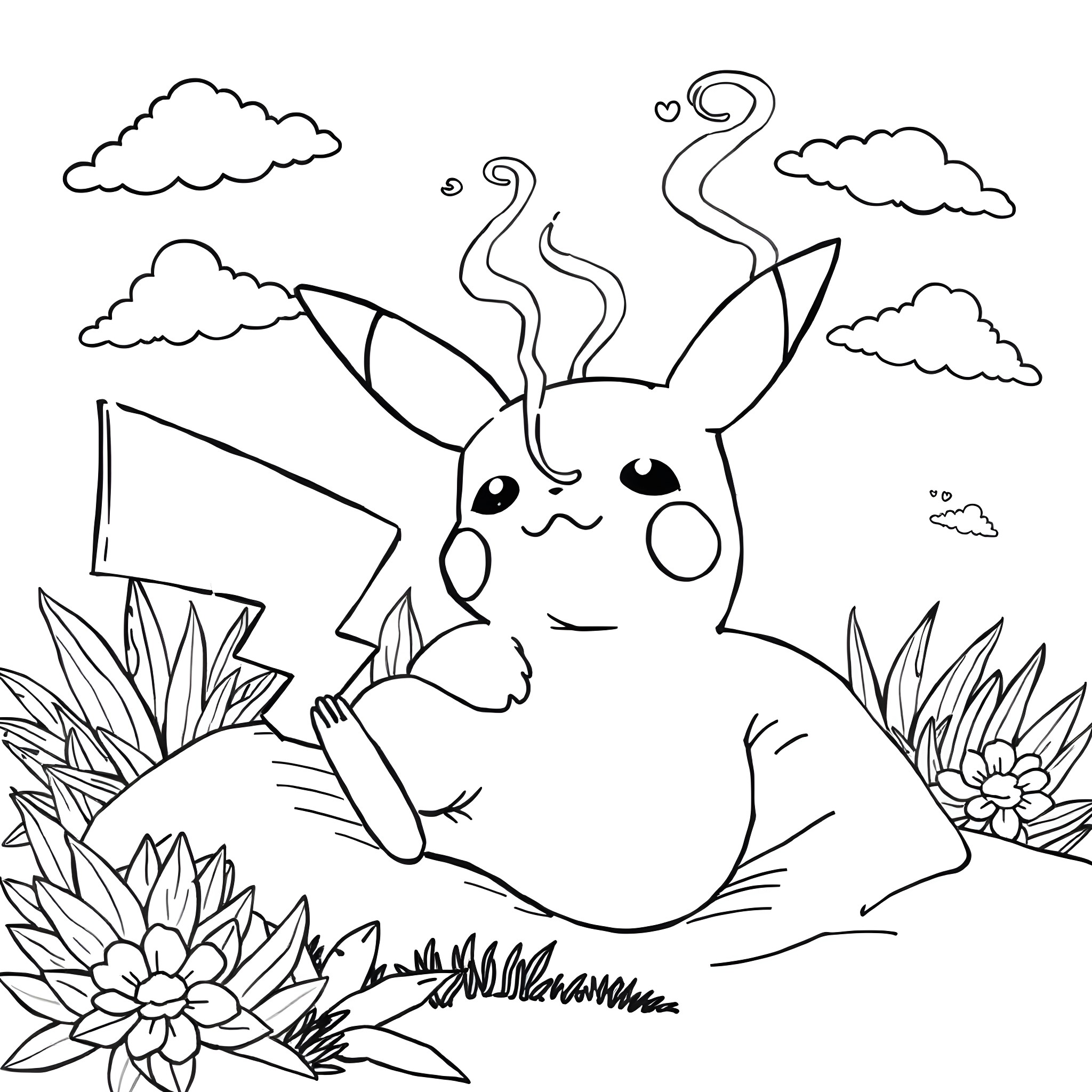 Pikachu relaxing in nature with flowers Coloring Page (free black-and-white line drawing printable PDF for all, from beginners to advanced learners, including children, teens, adults, and seniors)