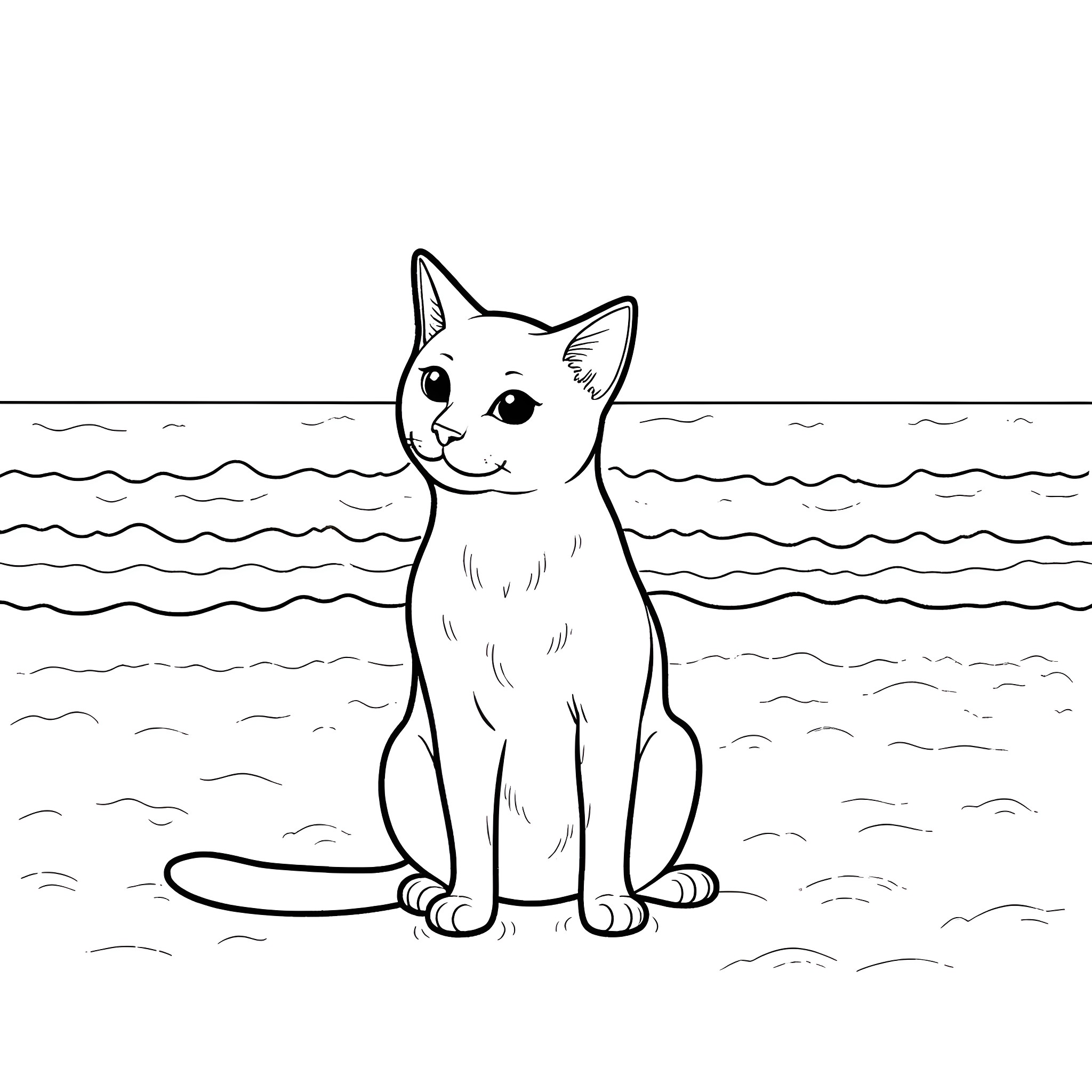 Cat sitting by the shore Coloring Page (free black-and-white line drawing printable PDF for all, from beginners to advanced learners, including children, teens, adults, and seniors)