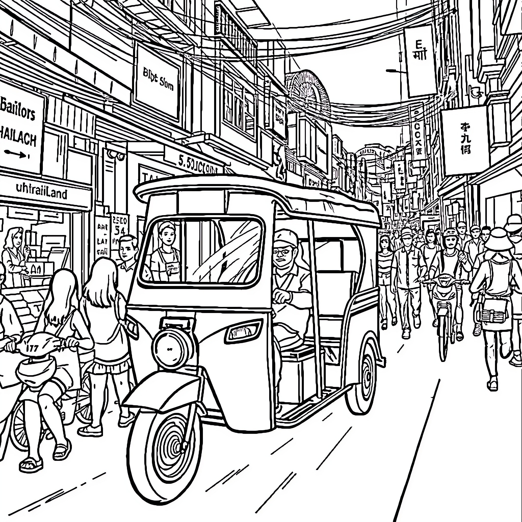 Tuktuk transporting passengers through a bustling city street Coloring Page (free black-and-white line drawing printable PDF for all, from beginners to advanced learners, including children, teens, adults, and seniors)