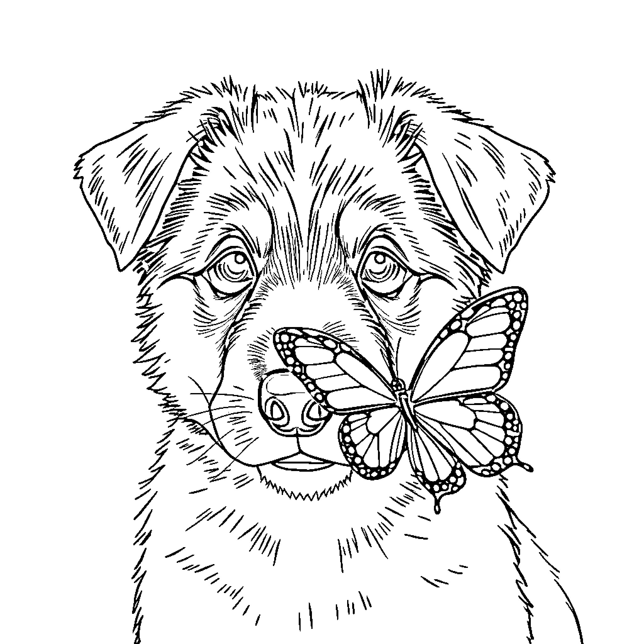 Puppy with a Curious Butterfly Coloring Page (free black-and-white line drawing printable PDF for all, from beginners to advanced learners, including children, teens, adults, and seniors)