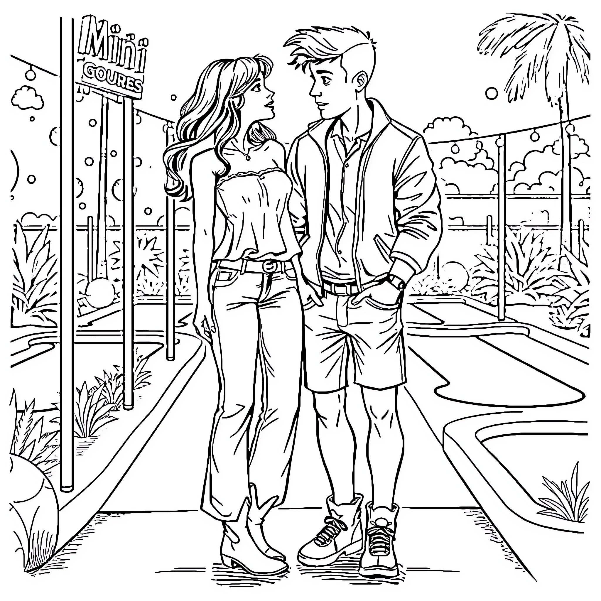 Couple strolling through a scenic location Coloring Page (free black-and-white line drawing printable PDF for all, from beginners to advanced learners, including children, teens, adults, and seniors)