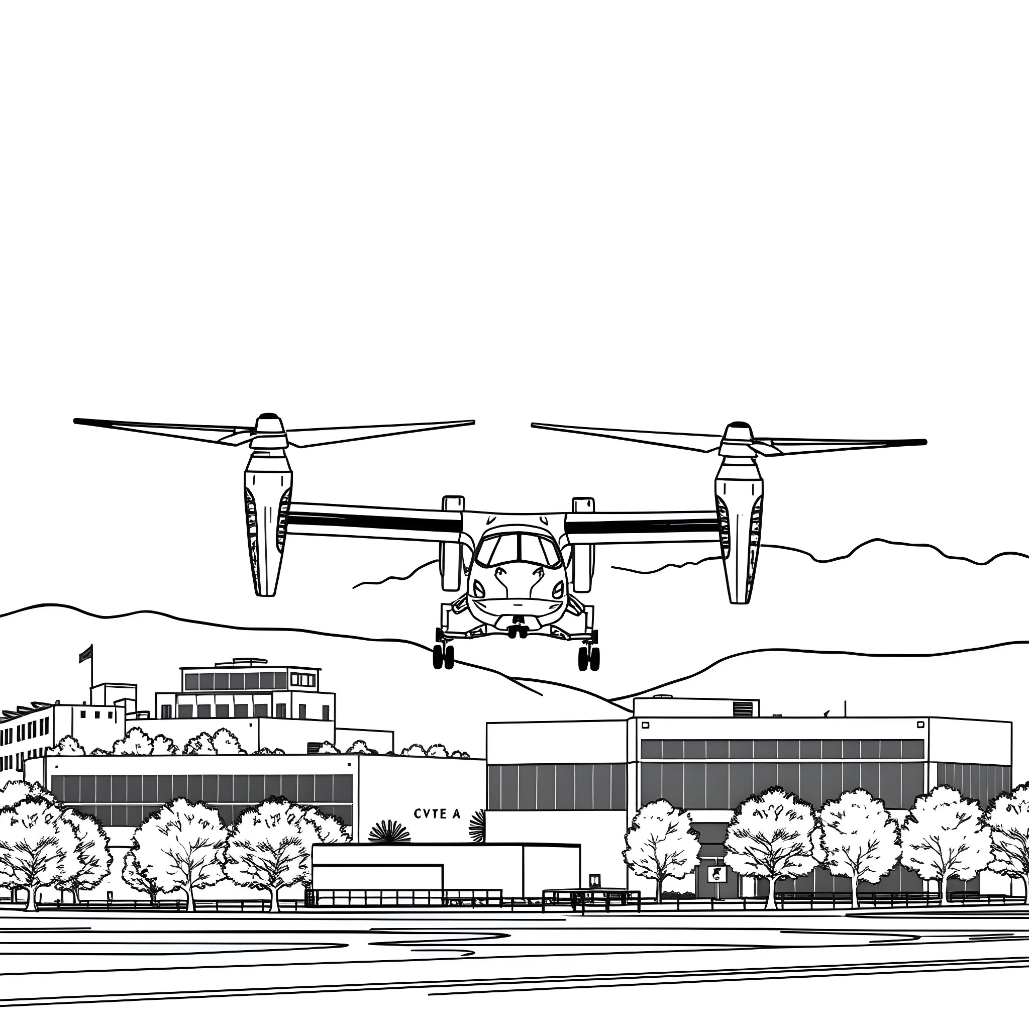 CV-22 Osprey taking flight over urban landscape Coloring Page (free black-and-white line drawing printable PDF for all, from beginners to advanced learners, including children, teens, adults, and seniors)