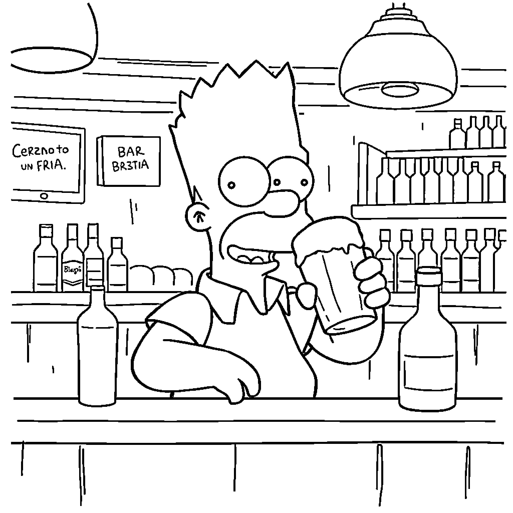 Barney's Misadventures at the Bar Coloring Page (free black-and-white line drawing printable PDF for all, from beginners to advanced learners, including children, teens, adults, and seniors)