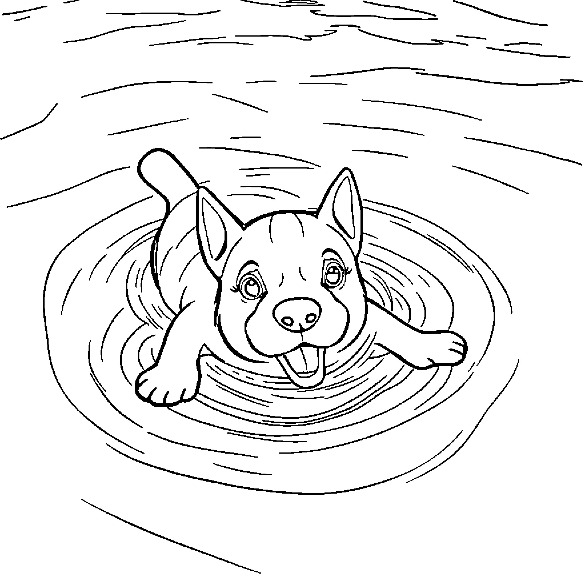 Dog enjoying a refreshing swim Coloring Page (free black-and-white line drawing printable PDF for all, from beginners to advanced learners, including children, teens, adults, and seniors)