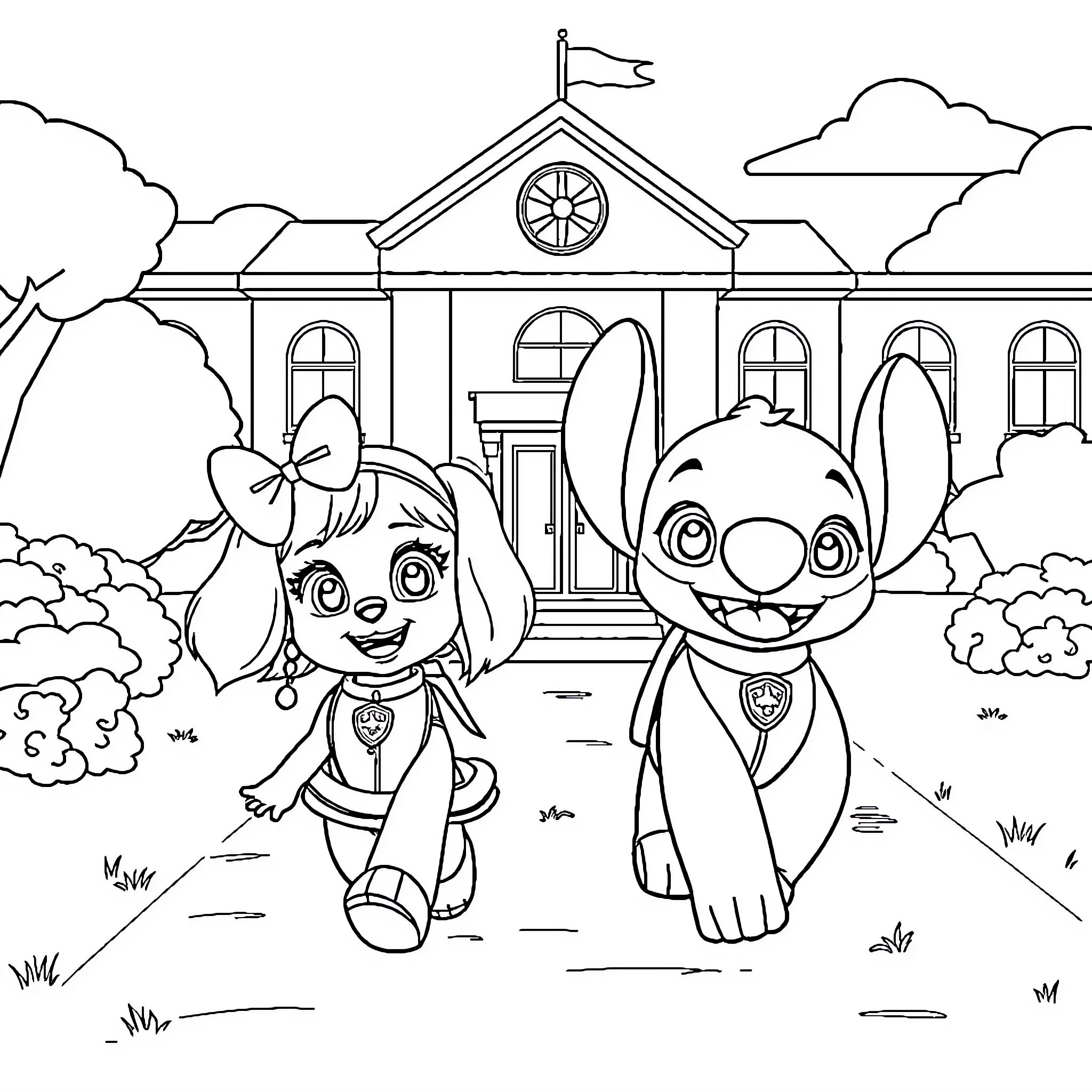 Stella and Stitch's Adventure at School Coloring Page (free black-and-white line drawing printable PDF for all, from beginners to advanced learners, including children, teens, adults, and seniors)