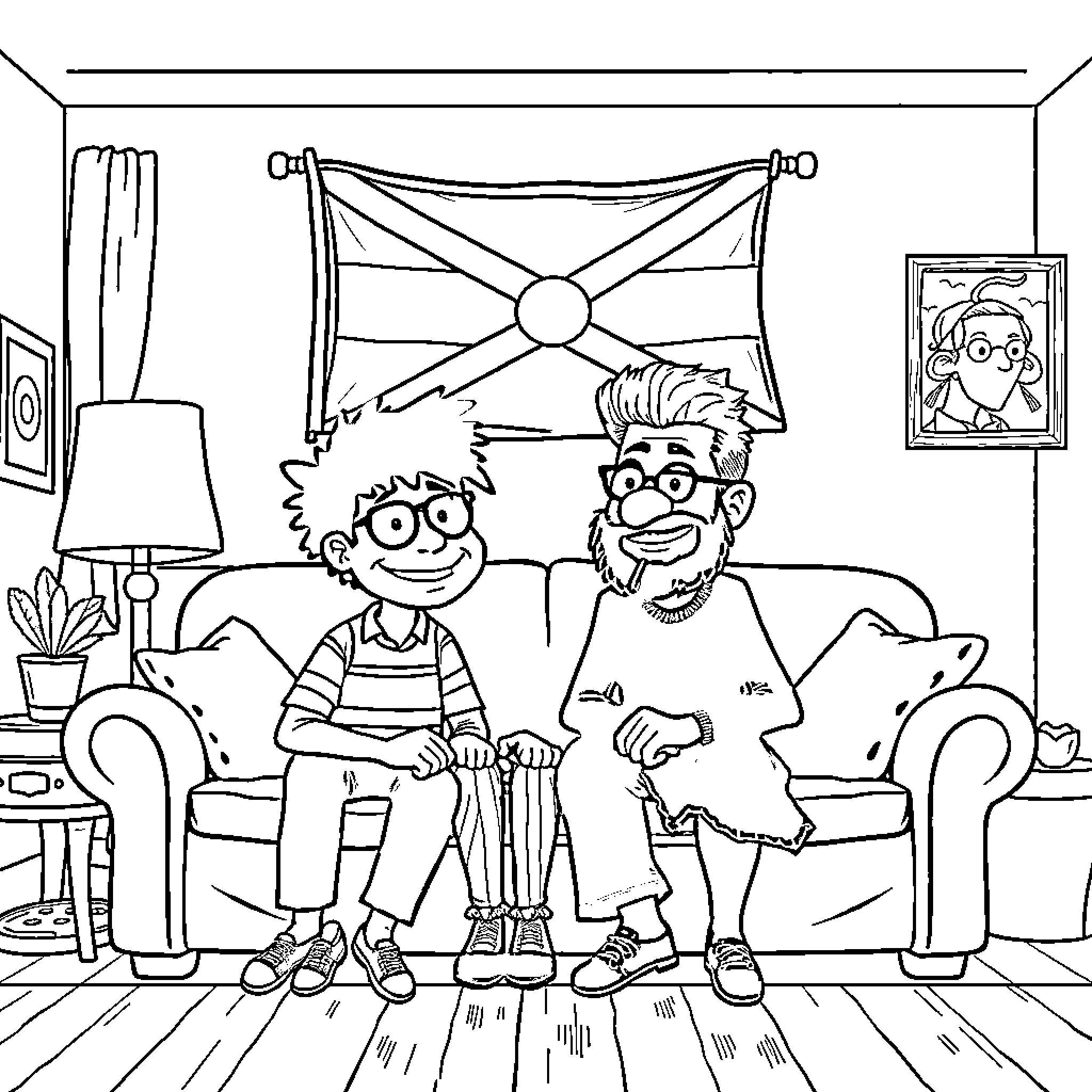 Fairly Odd Parents enjoy a silly day at home Coloring Page (free black-and-white line drawing printable PDF for all, from beginners to advanced learners, including children, teens, adults, and seniors)