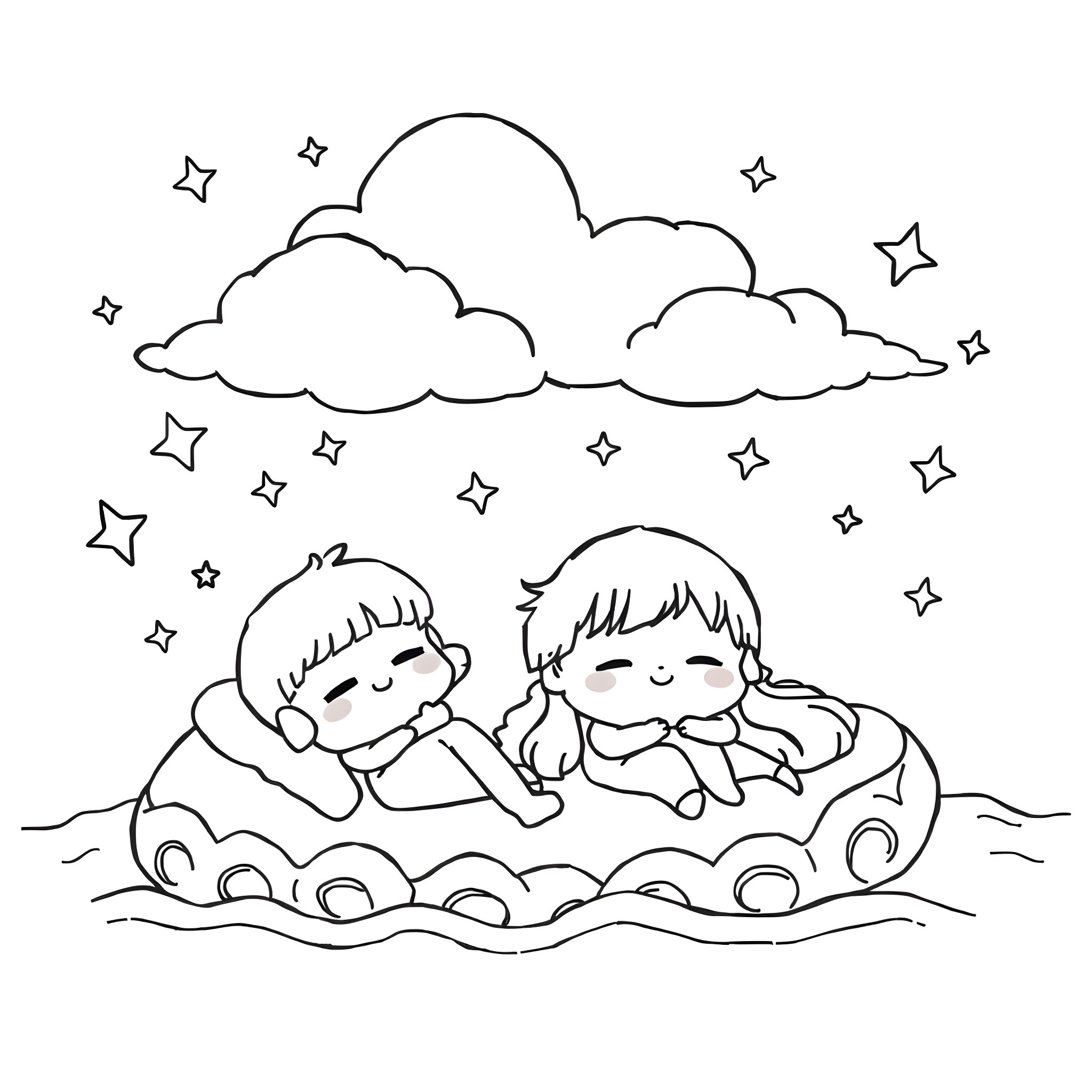 Kawaii children playing in the starry night Coloring Page (free black-and-white line drawing printable PDF for all, from beginners to advanced learners, including children, teens, adults, and seniors)