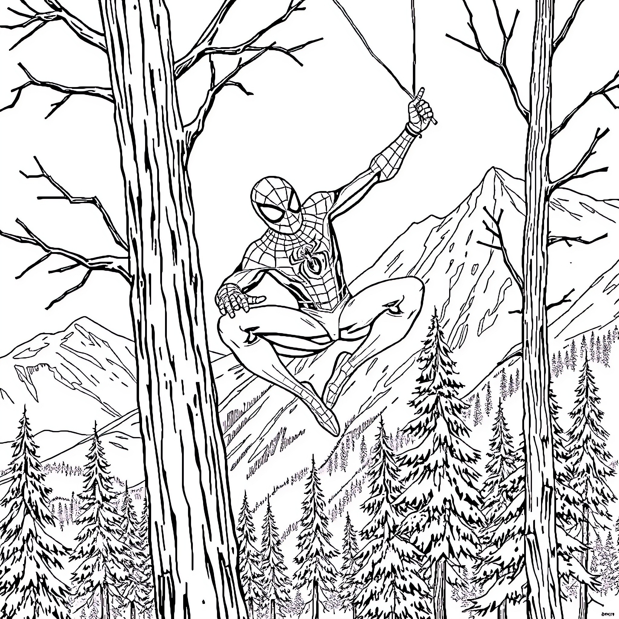 Spider-Man swinging through a snowy forest Coloring Page (free black-and-white line drawing printable PDF for all, from beginners to advanced learners, including children, teens, adults, and seniors)