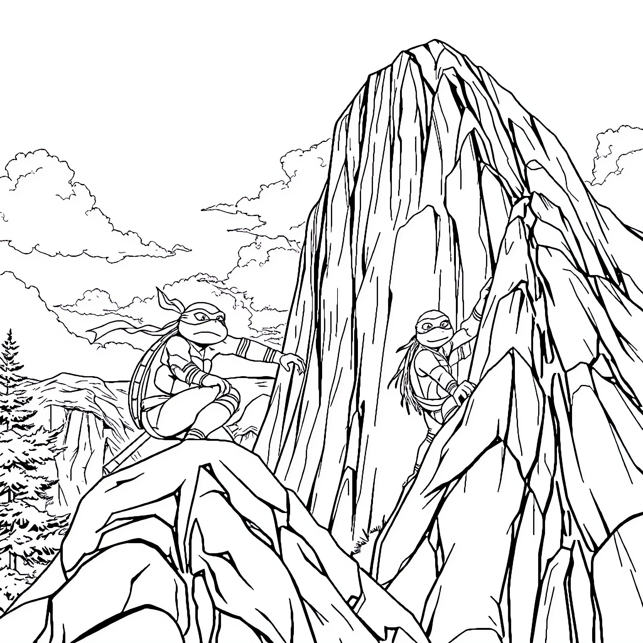 Teenage Mutant Ninja Turtles exploring rugged mountain terrain Coloring Page (free black-and-white line drawing printable PDF for all, from beginners to advanced learners, including children, teens, adults, and seniors)