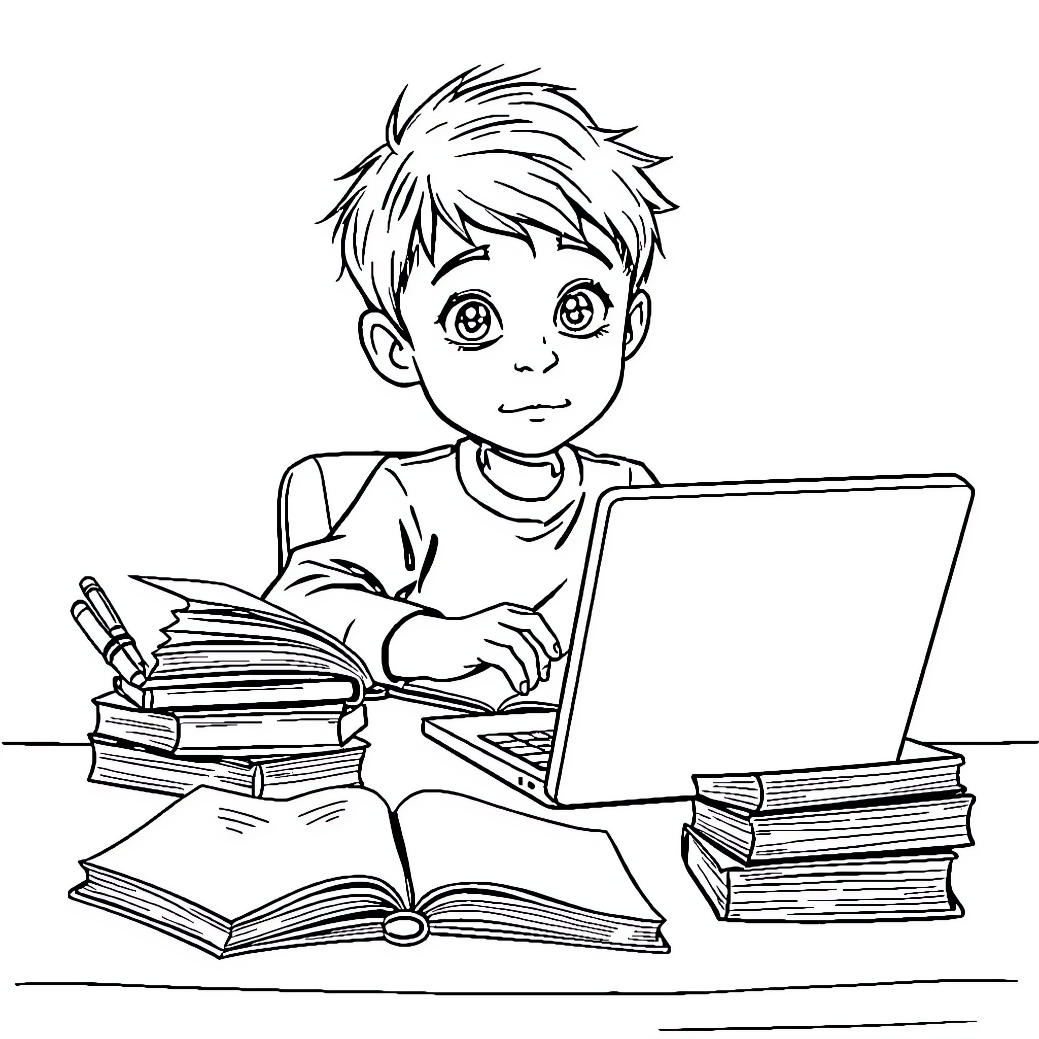 Boy Studying Diligently with Books and Laptop Coloring Page (free black-and-white line drawing printable PDF for all, from beginners to advanced learners, including children, teens, adults, and seniors)