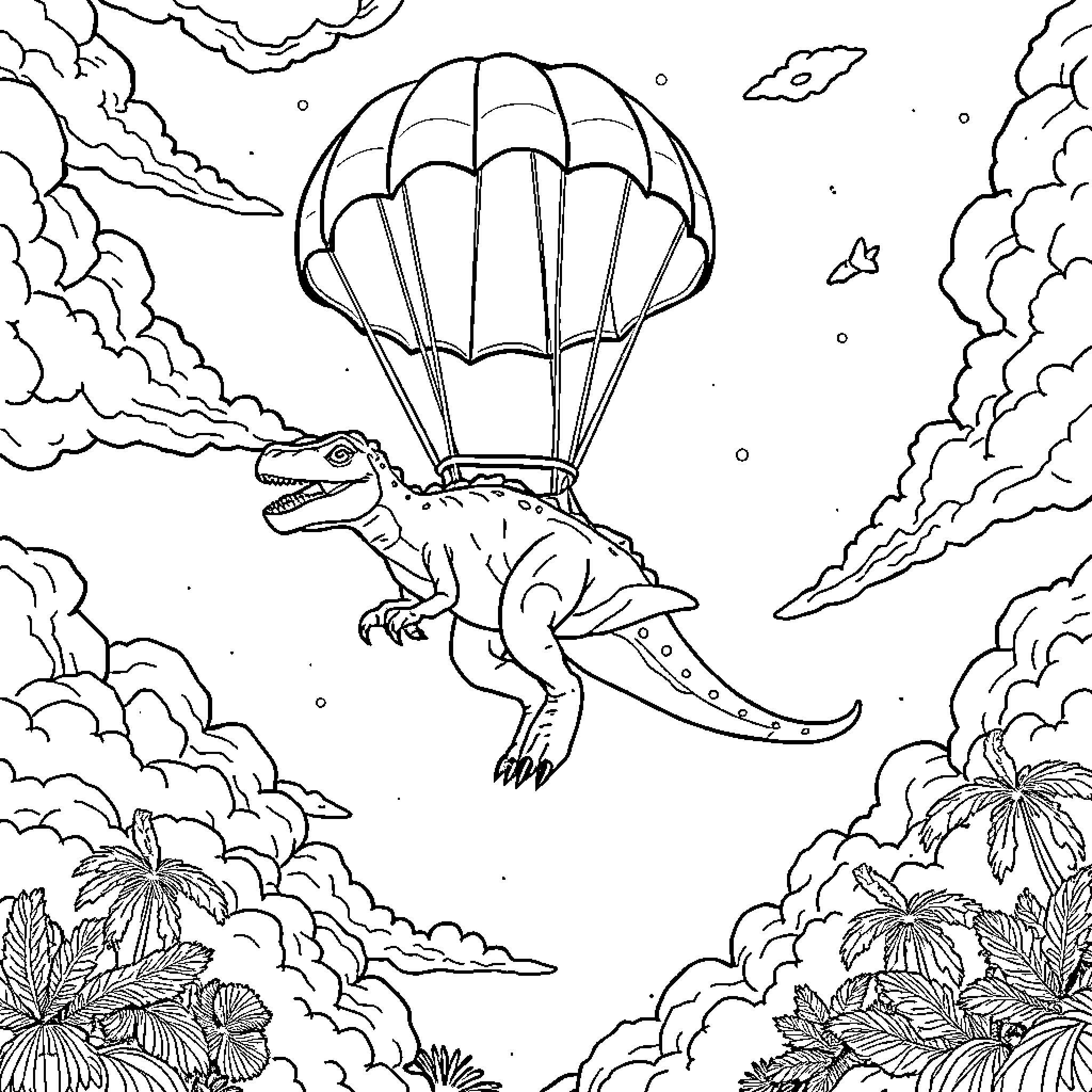 Dinosaur skydiving through the clouds Coloring Page (free black-and-white line drawing printable PDF for all, from beginners to advanced learners, including children, teens, adults, and seniors)