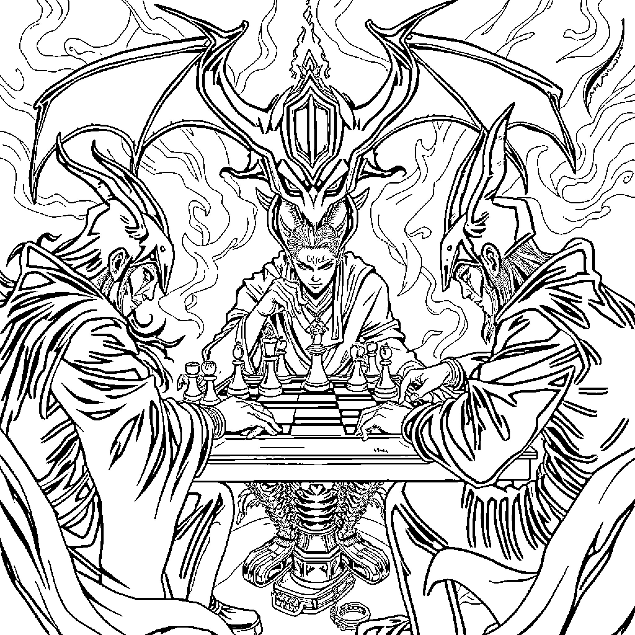 Demon Hunter Engages in Mystical Chess Match Coloring Page (free black-and-white line drawing printable PDF for all, from beginners to advanced learners, including children, teens, adults, and seniors)