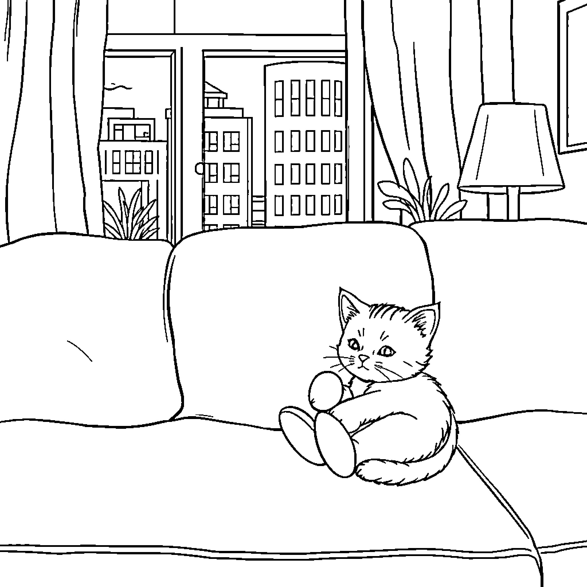 Kitten Relaxing in Cozy Home Interior Coloring Page (free black-and-white line drawing printable PDF for all, from beginners to advanced learners, including children, teens, adults, and seniors)