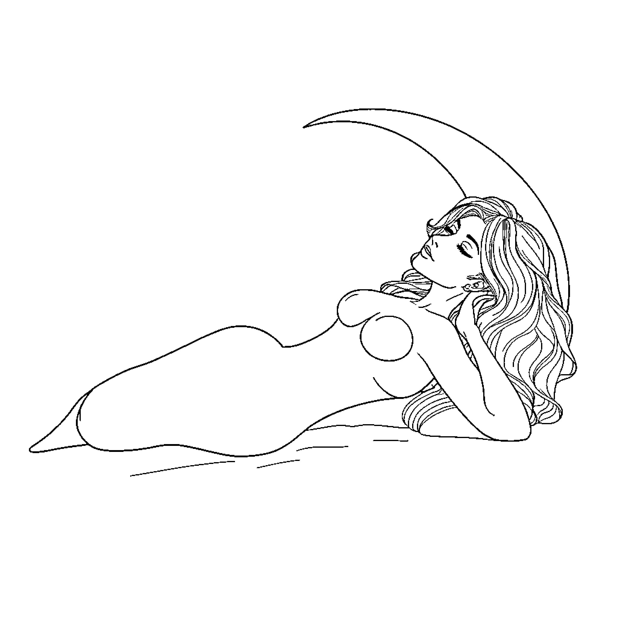 Woman in contemplative pose on crescent moon Coloring Page (free black-and-white line drawing printable PDF for all, from beginners to advanced learners, including children, teens, adults, and seniors)