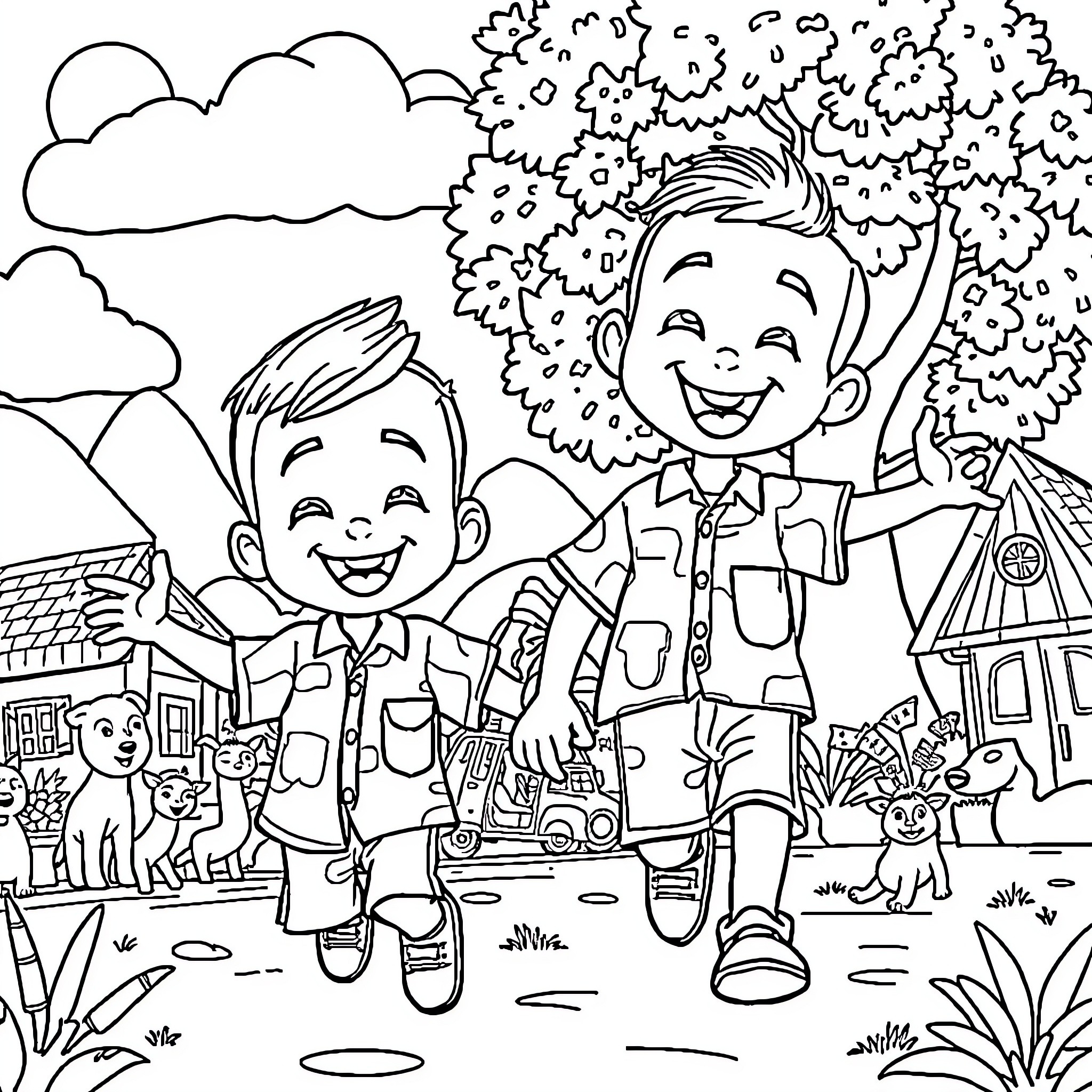 Upin and Ipin Explore the Countryside Coloring Page (free black-and-white line drawing printable PDF for all, from beginners to advanced learners, including children, teens, adults, and seniors)