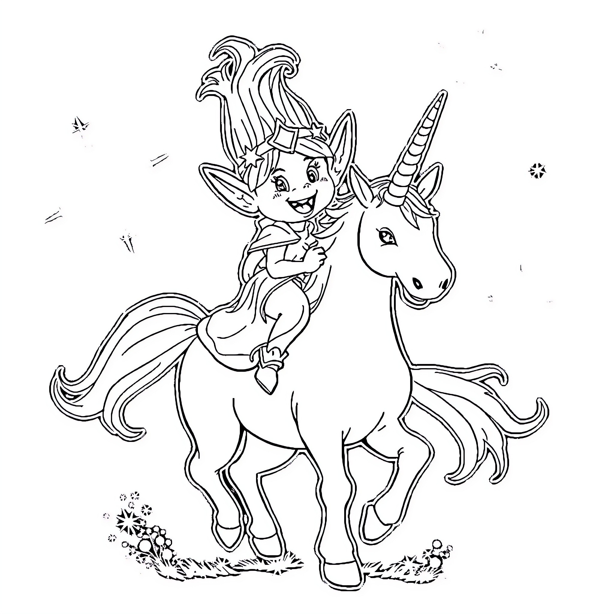 Queen riding a unicorn in a magical scene Coloring Page (free black-and-white line drawing printable PDF for all, from beginners to advanced learners, including children, teens, adults, and seniors)
