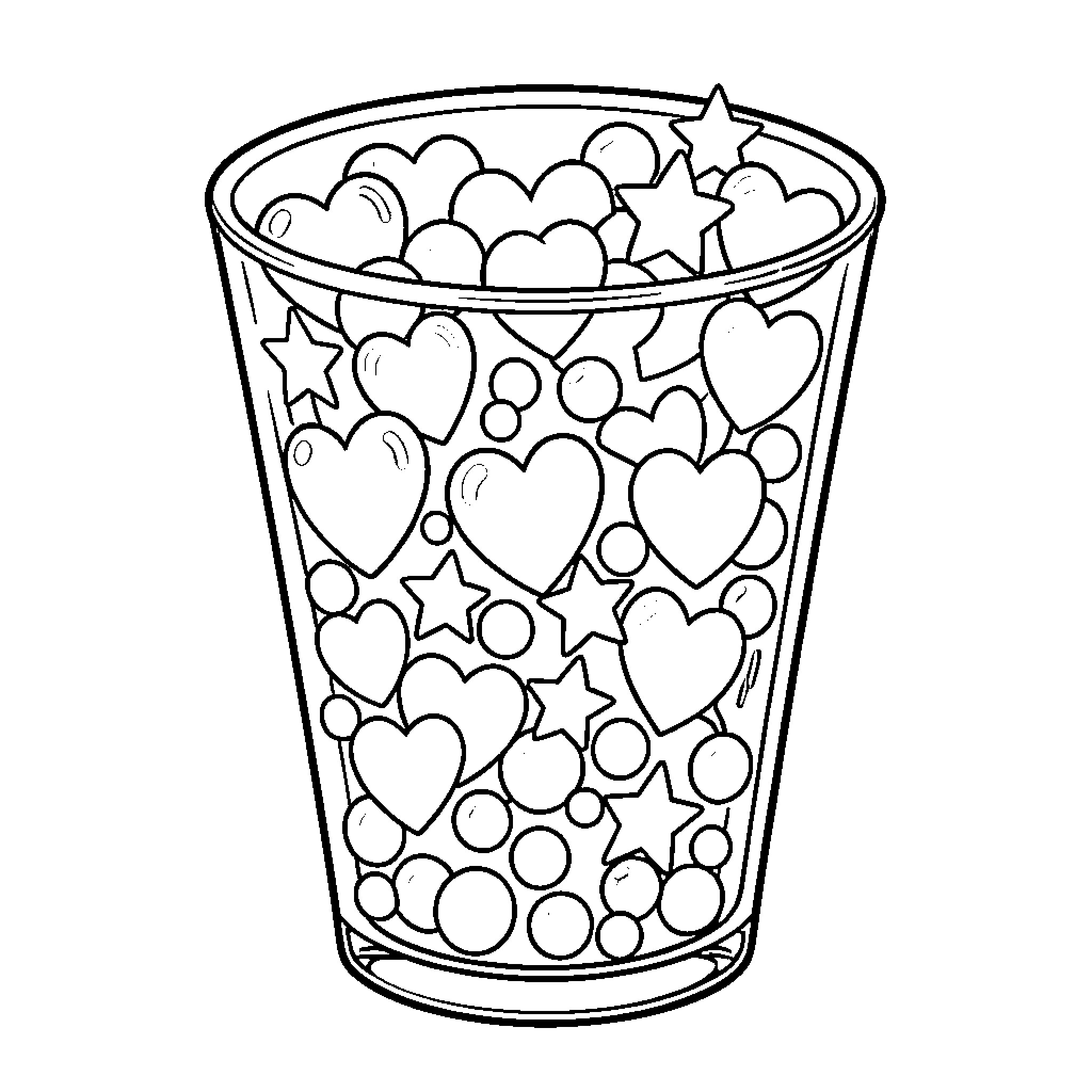 Glass filled with heart and star shapes Coloring Page (free black-and-white line drawing printable PDF for all, from beginners to advanced learners, including children, teens, adults, and seniors)
