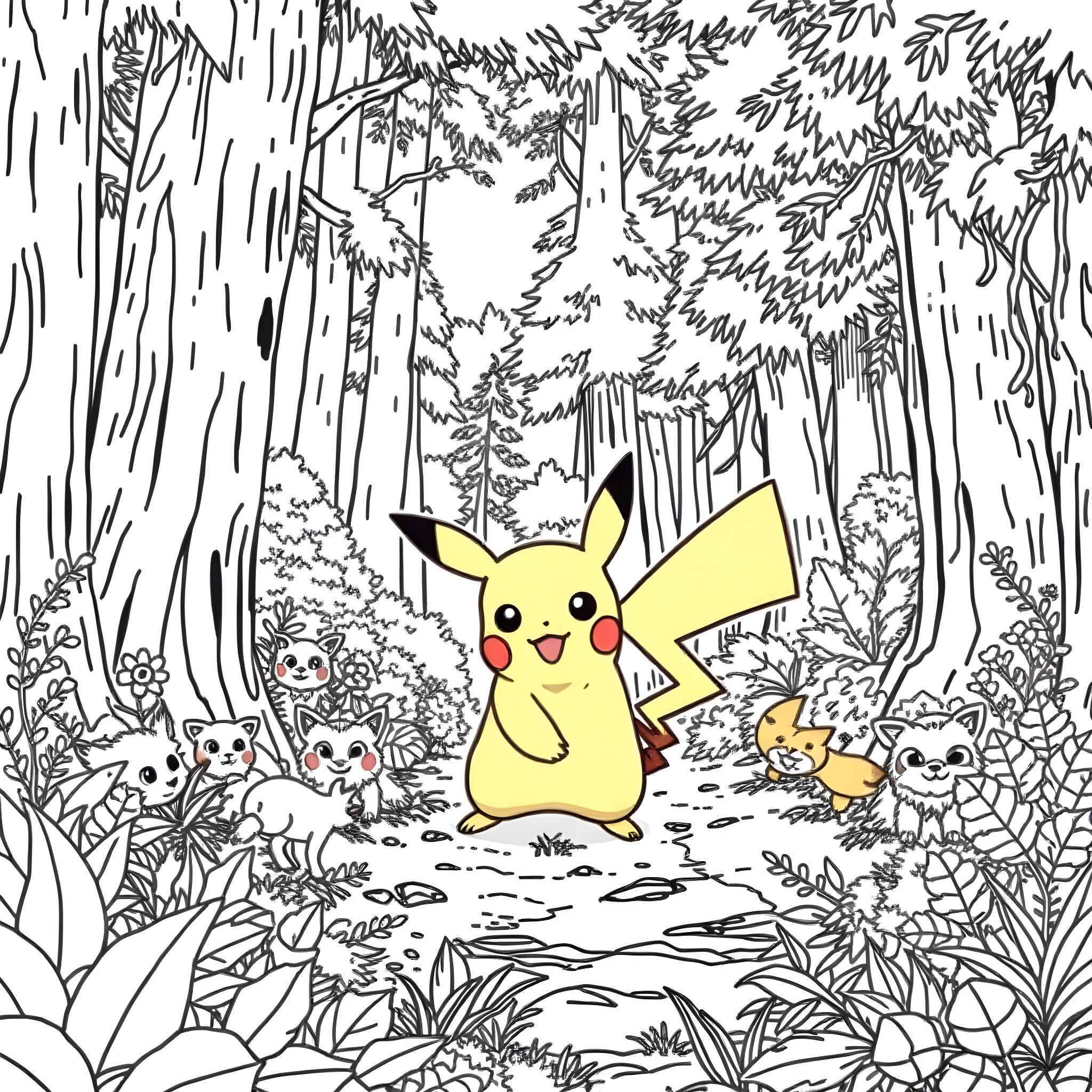 Pikachu exploring the enchanted forest with friends Coloring Page (free black-and-white line drawing printable PDF for all, from beginners to advanced learners, including children, teens, adults, and seniors)