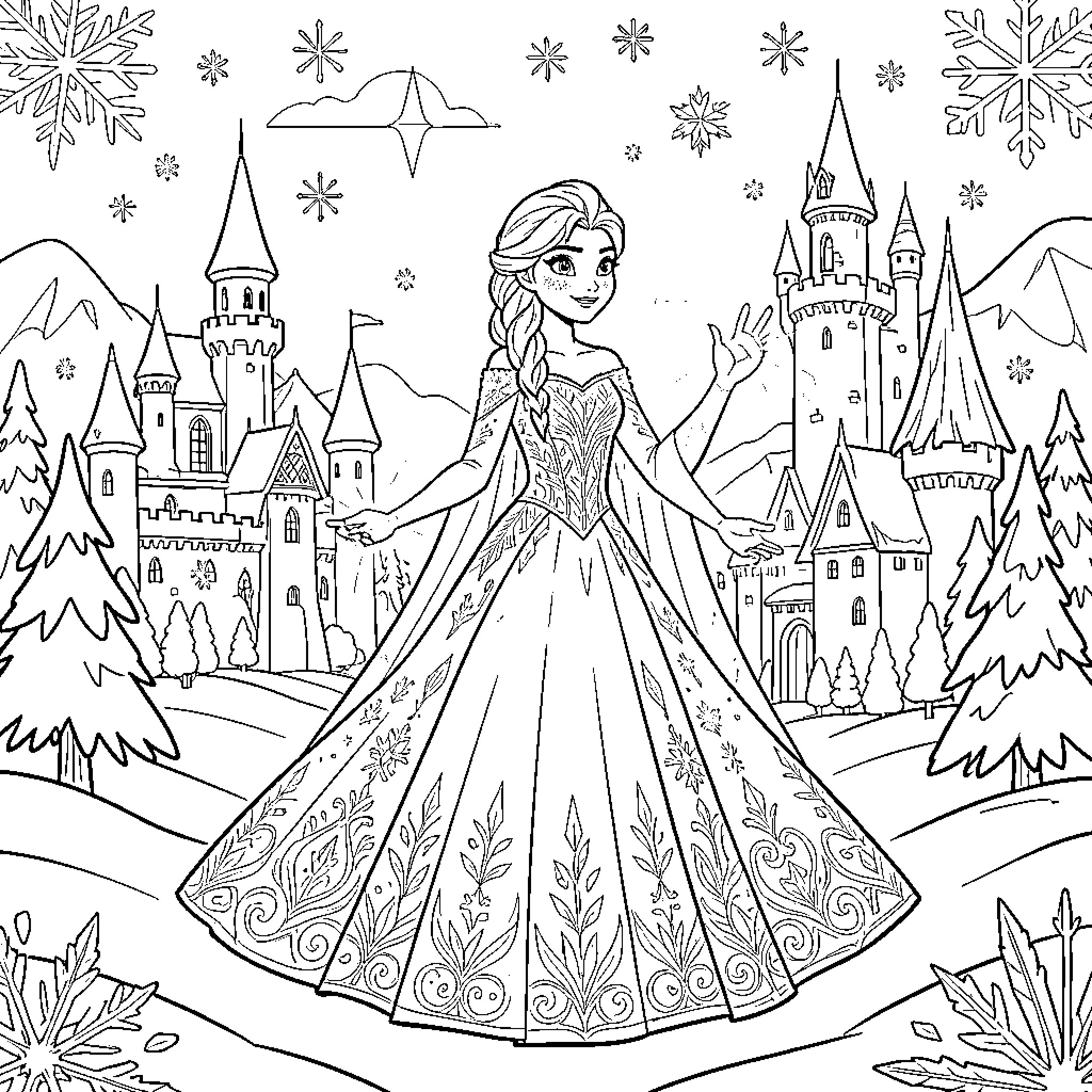 Snow Queen posing elegantly in front of a castle Coloring Page (free black-and-white line drawing printable PDF for all, from beginners to advanced learners, including children, teens, adults, and seniors)