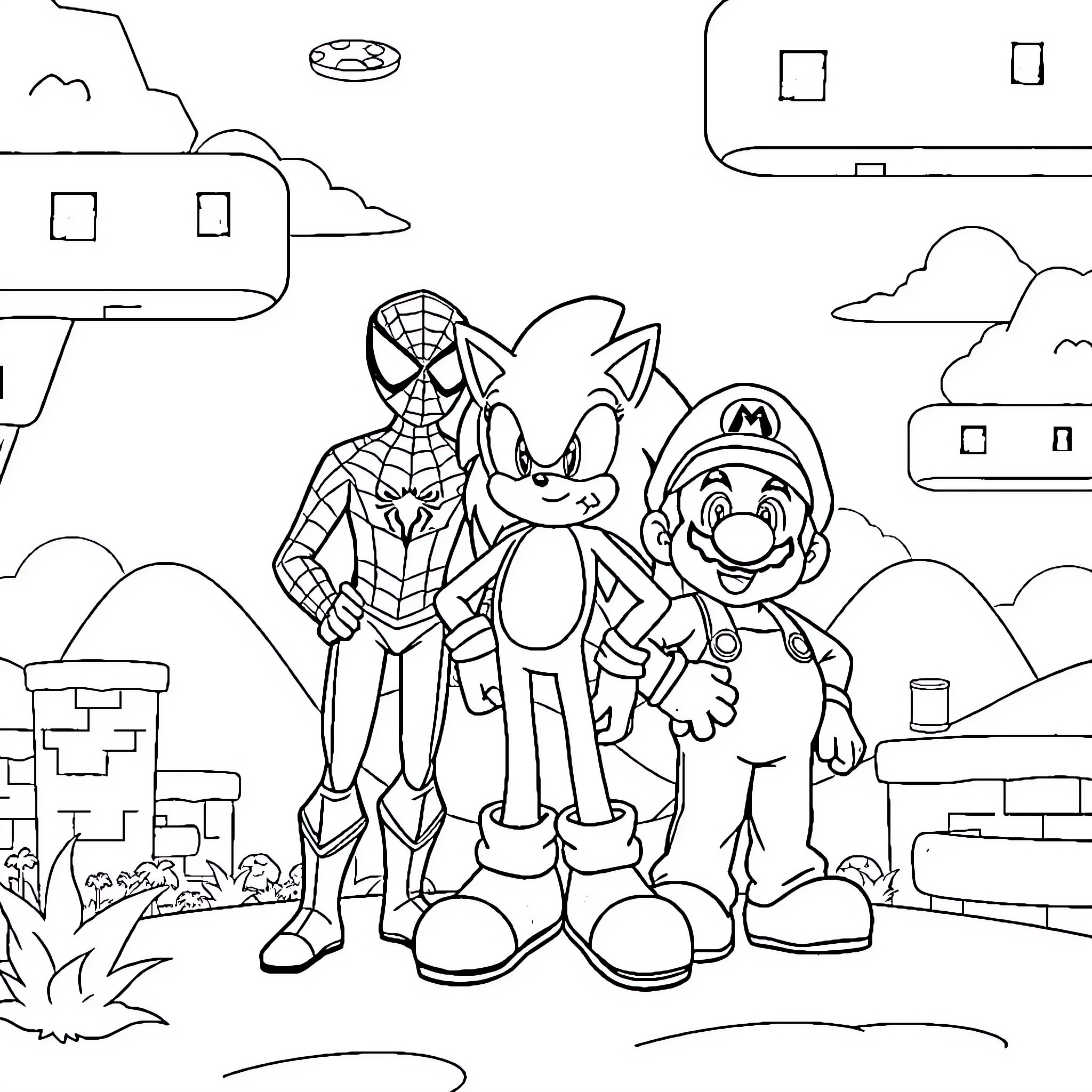 Spiderman, Sonic, and Mario in an urban setting Coloring Page (free black-and-white line drawing printable PDF for all, from beginners to advanced learners, including children, teens, adults, and seniors)