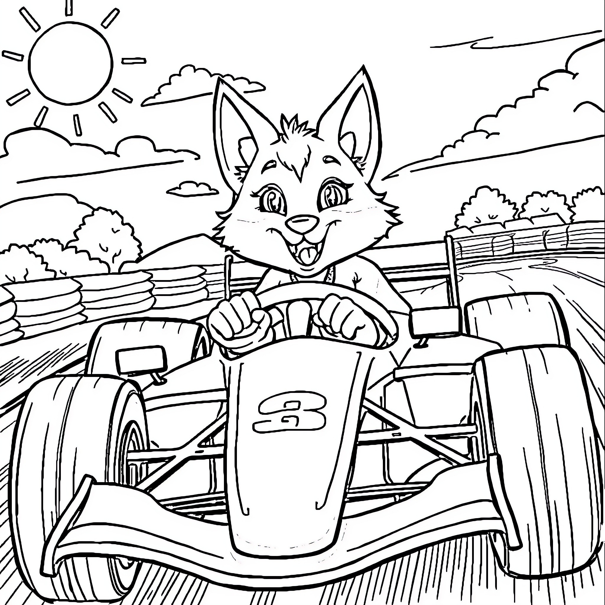 Wolf racing fast in a Formula One car Coloring Page (free black-and-white line drawing printable PDF for all, from beginners to advanced learners, including children, teens, adults, and seniors)