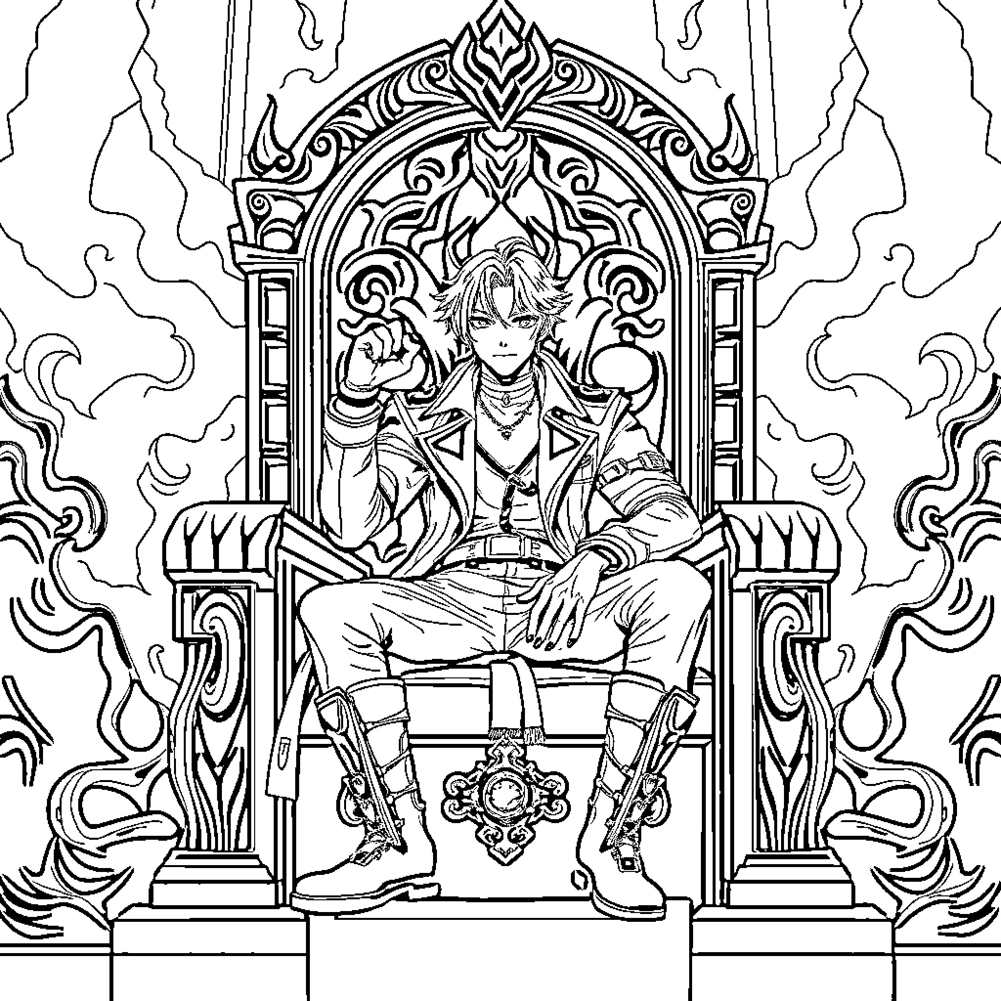 Rumi: Intricate Throne Artwork Coloring Page (free black-and-white line drawing printable PDF for all, from beginners to advanced learners, including children, teens, adults, and seniors)