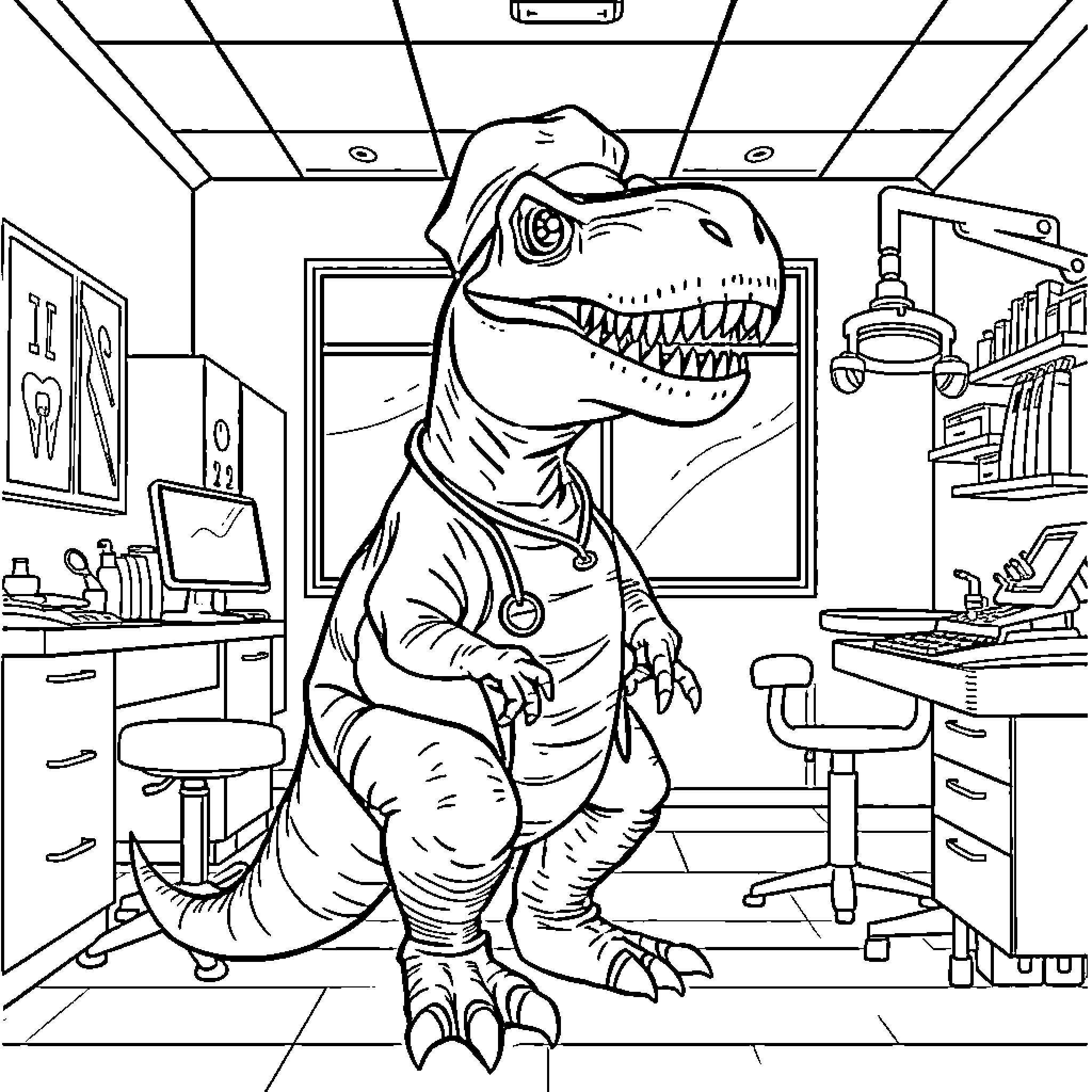 T-Rex Dinosaur Doctor in a Dental Office Coloring Page (free black-and-white line drawing printable PDF for all, from beginners to advanced learners, including children, teens, adults, and seniors)