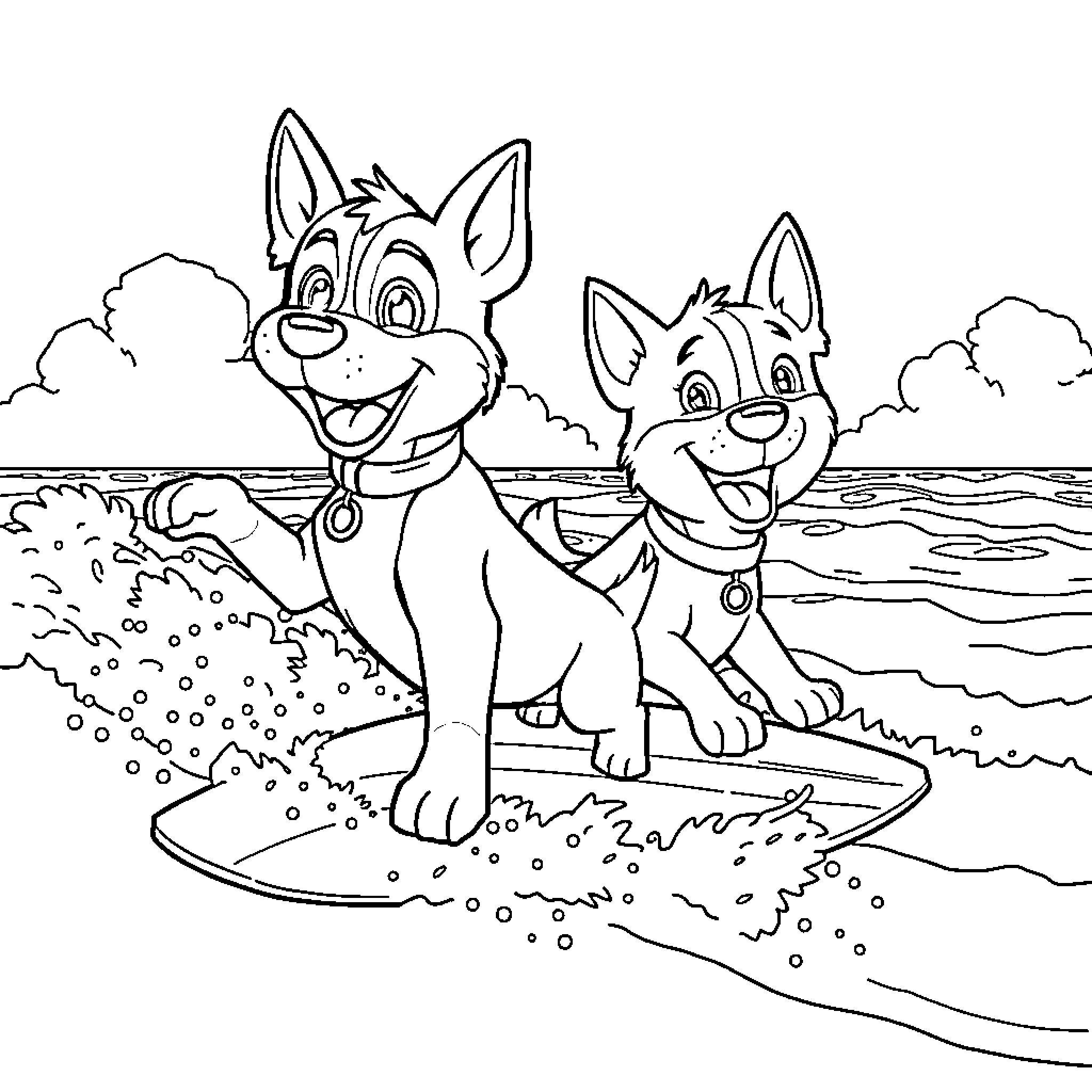 Dogs playing happily at the beach Coloring Page (free black-and-white line drawing printable PDF for all, from beginners to advanced learners, including children, teens, adults, and seniors)