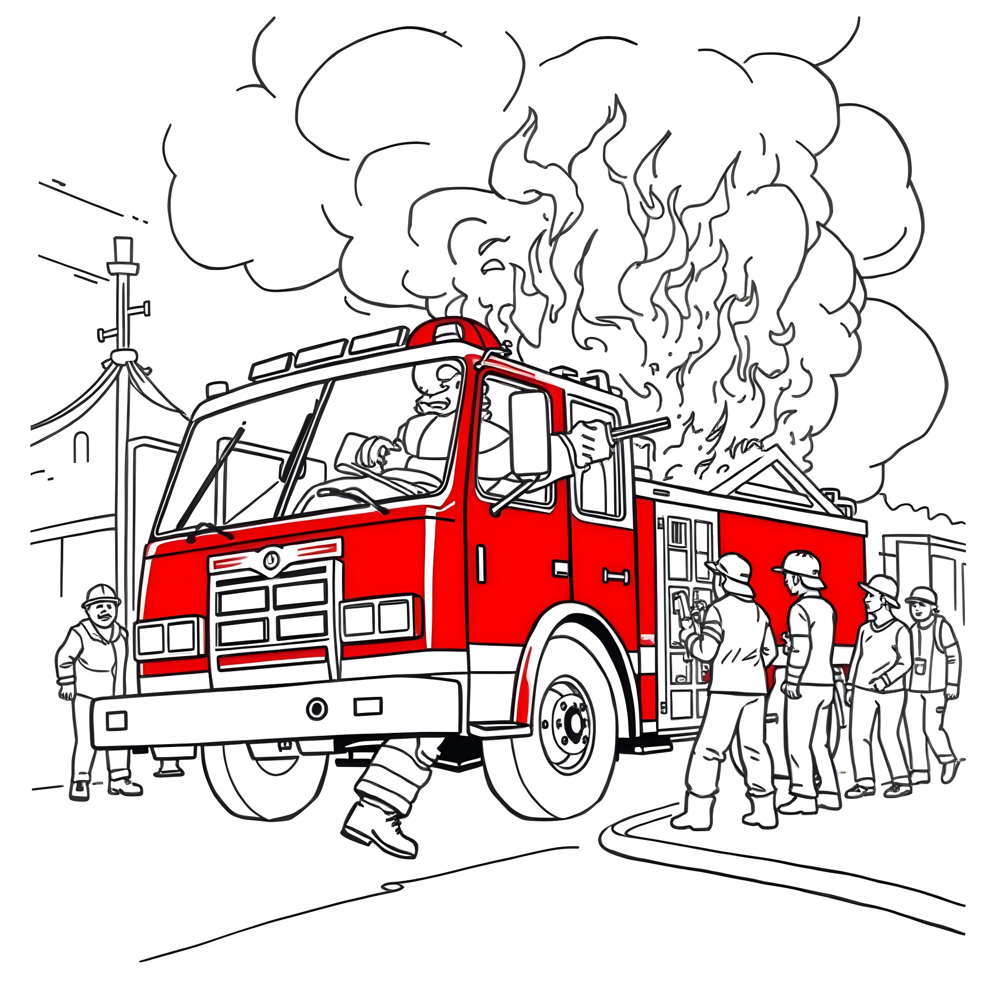 Firefighter crew responding to an emergency call Coloring Page (free black-and-white line drawing printable PDF for all, from beginners to advanced learners, including children, teens, adults, and seniors)