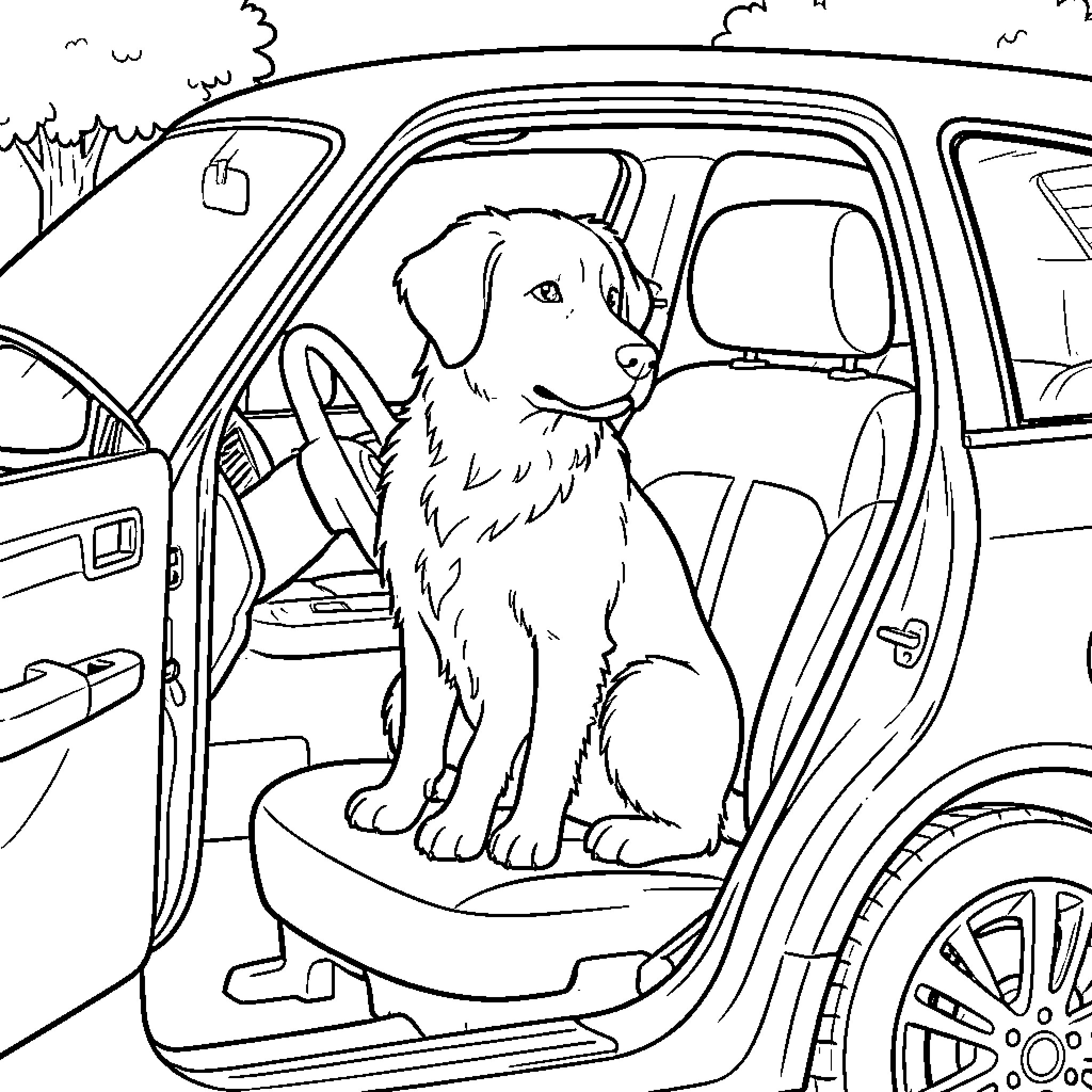 Dog sitting calmly on a car seat Coloring Page (free black-and-white line drawing printable PDF for all, from beginners to advanced learners, including children, teens, adults, and seniors)