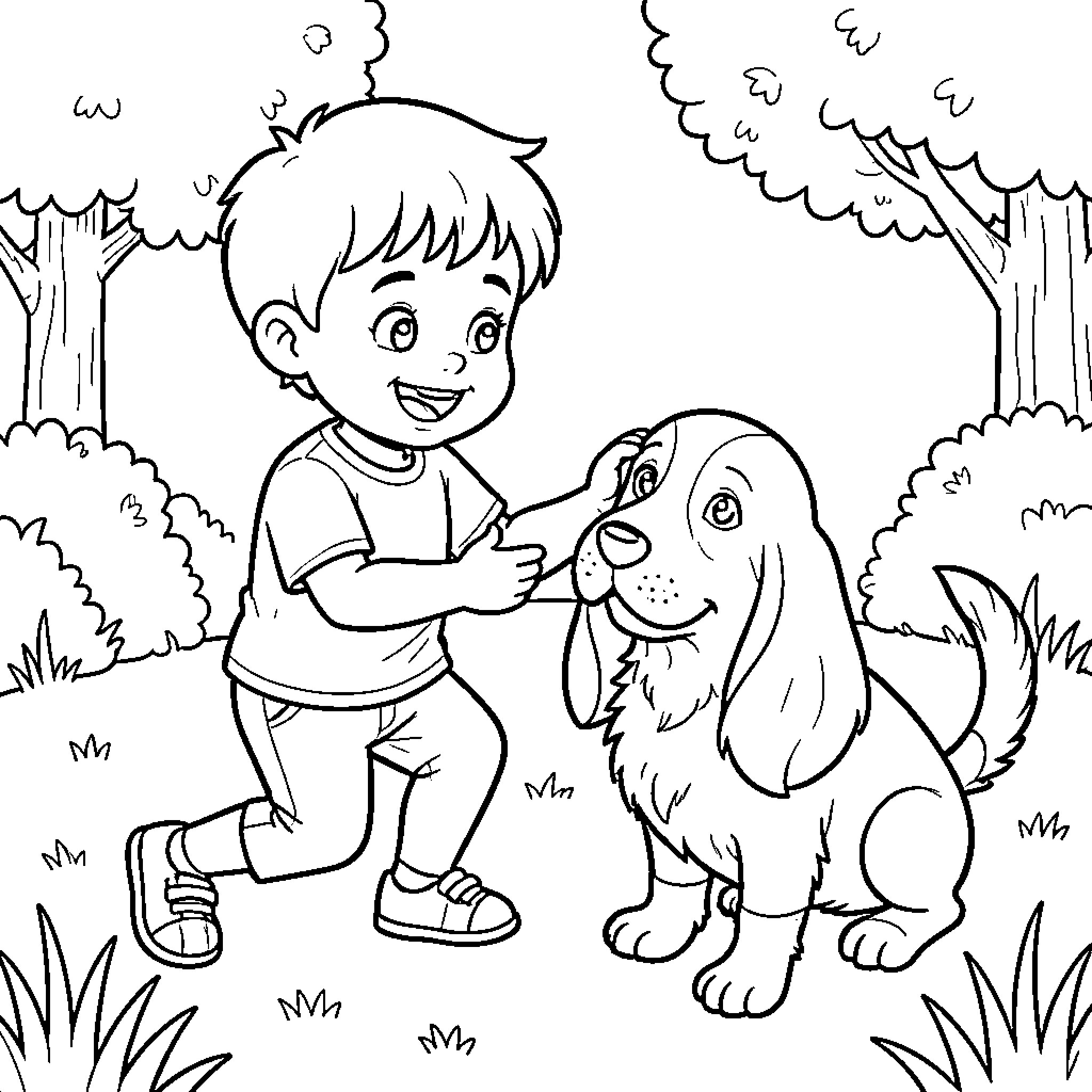 Child smiling while petting a small puppy Coloring Page (free black-and-white line drawing printable PDF for all, from beginners to advanced learners, including children, teens, adults, and seniors)