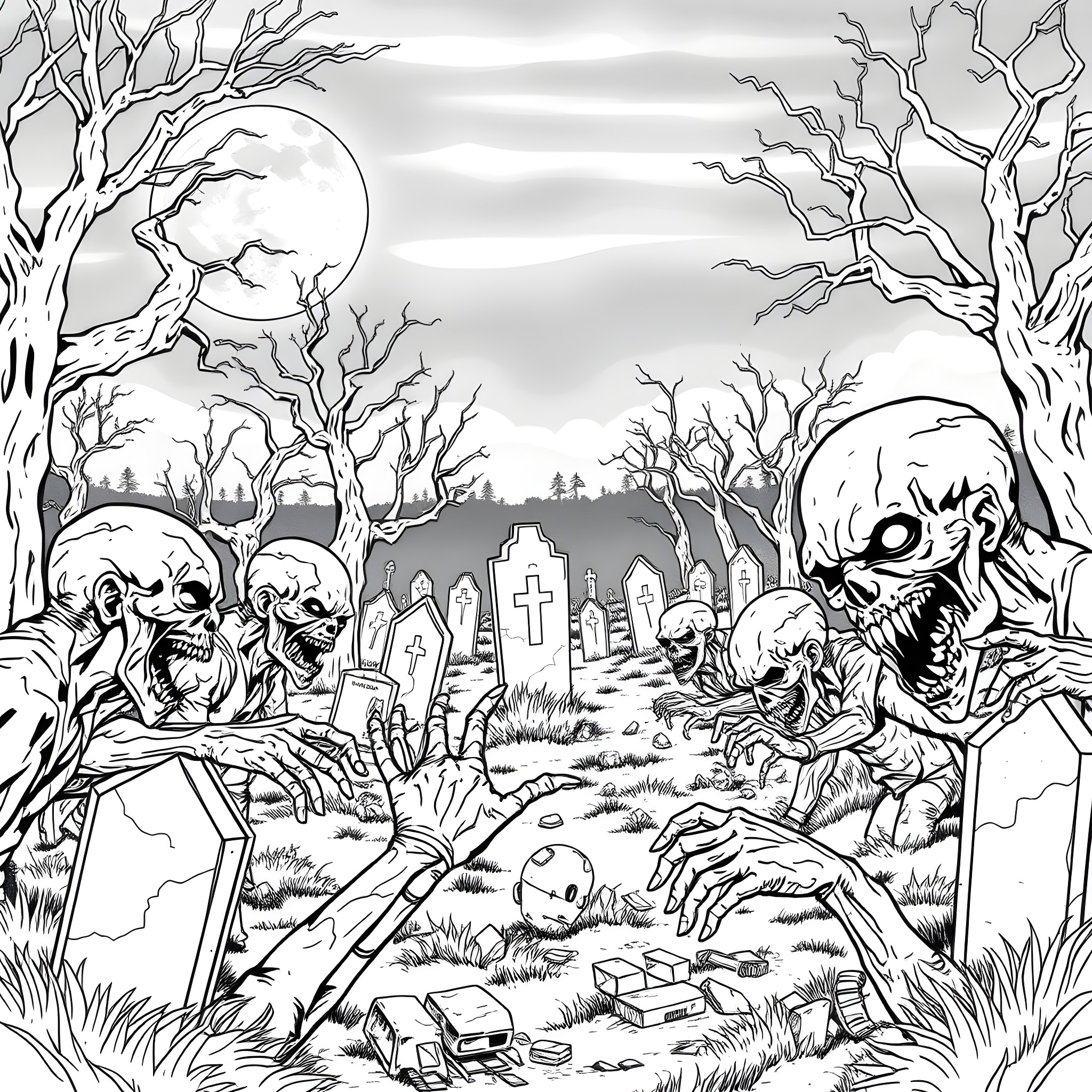 Vampire Ghouls Haunting a Graveyard under the Moonlight Coloring Page (free black-and-white line drawing printable PDF for all, from beginners to advanced learners, including children, teens, adults, and seniors)