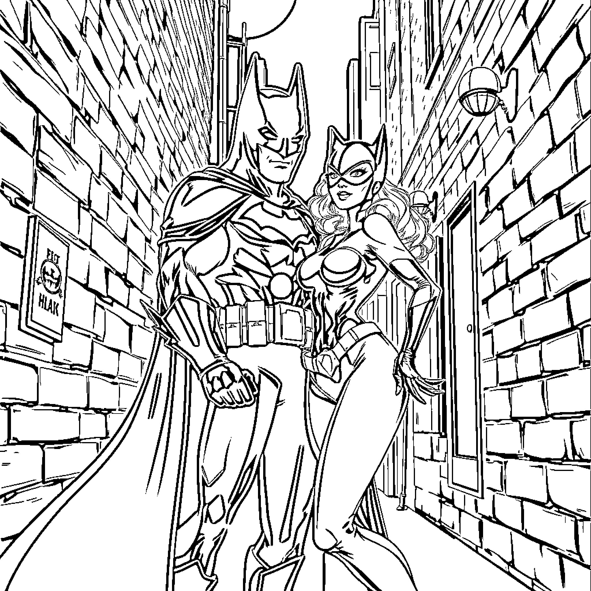 Batman and Catwoman in Action Packed Alley Coloring Page (free black-and-white line drawing printable PDF for all, from beginners to advanced learners, including children, teens, adults, and seniors)
