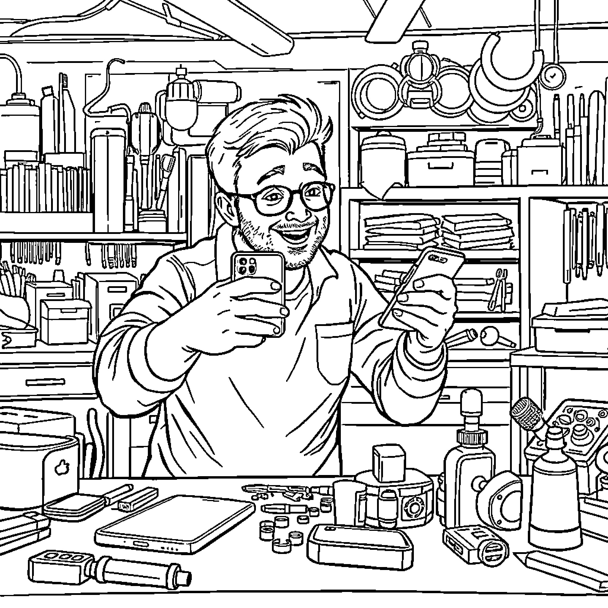 Man taking a selfie in his cluttered workshop Coloring Page (free black-and-white line drawing printable PDF for all, from beginners to advanced learners, including children, teens, adults, and seniors)
