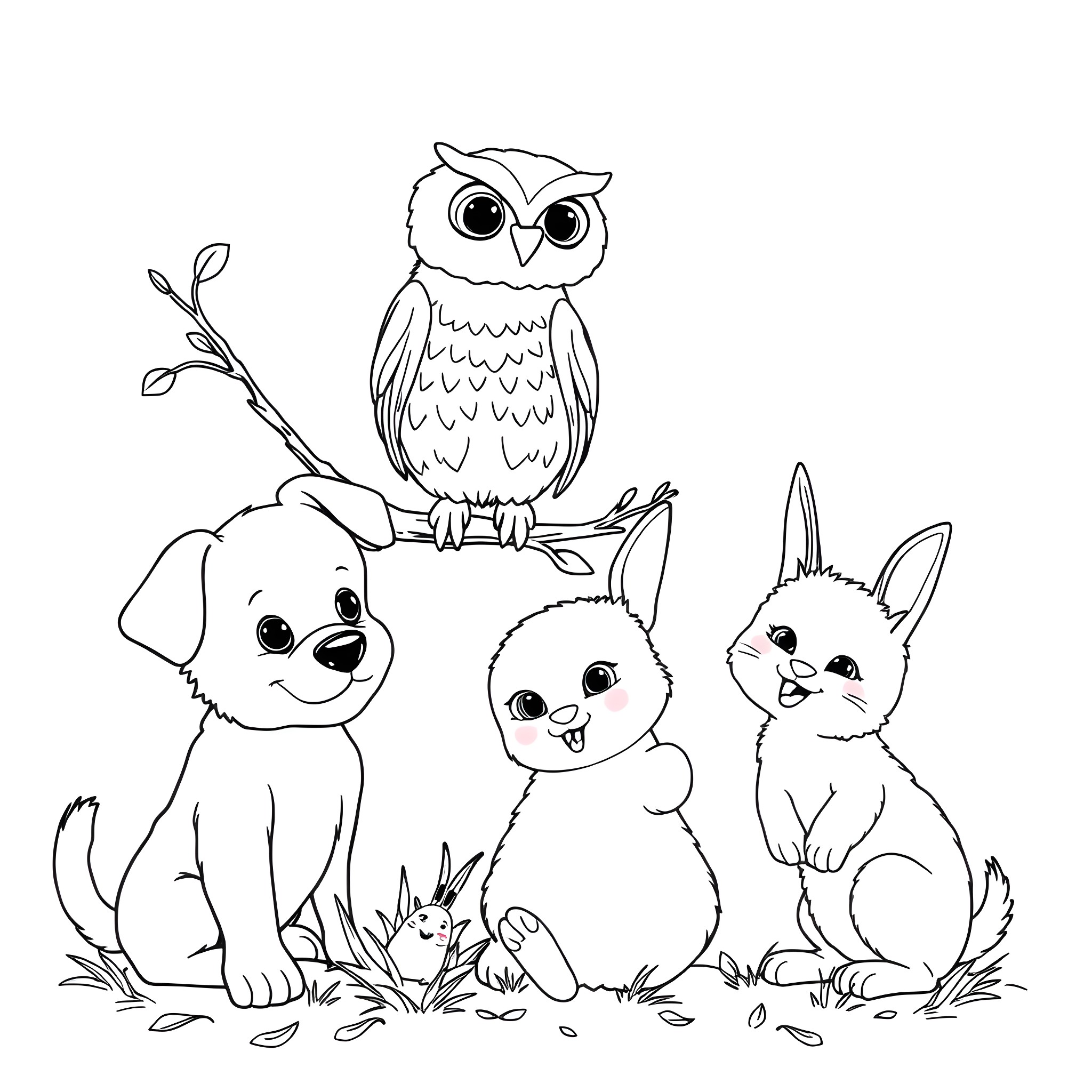 Animal friends in the wild Coloring Page (free black-and-white line drawing printable PDF for all, from beginners to advanced learners, including children, teens, adults, and seniors)