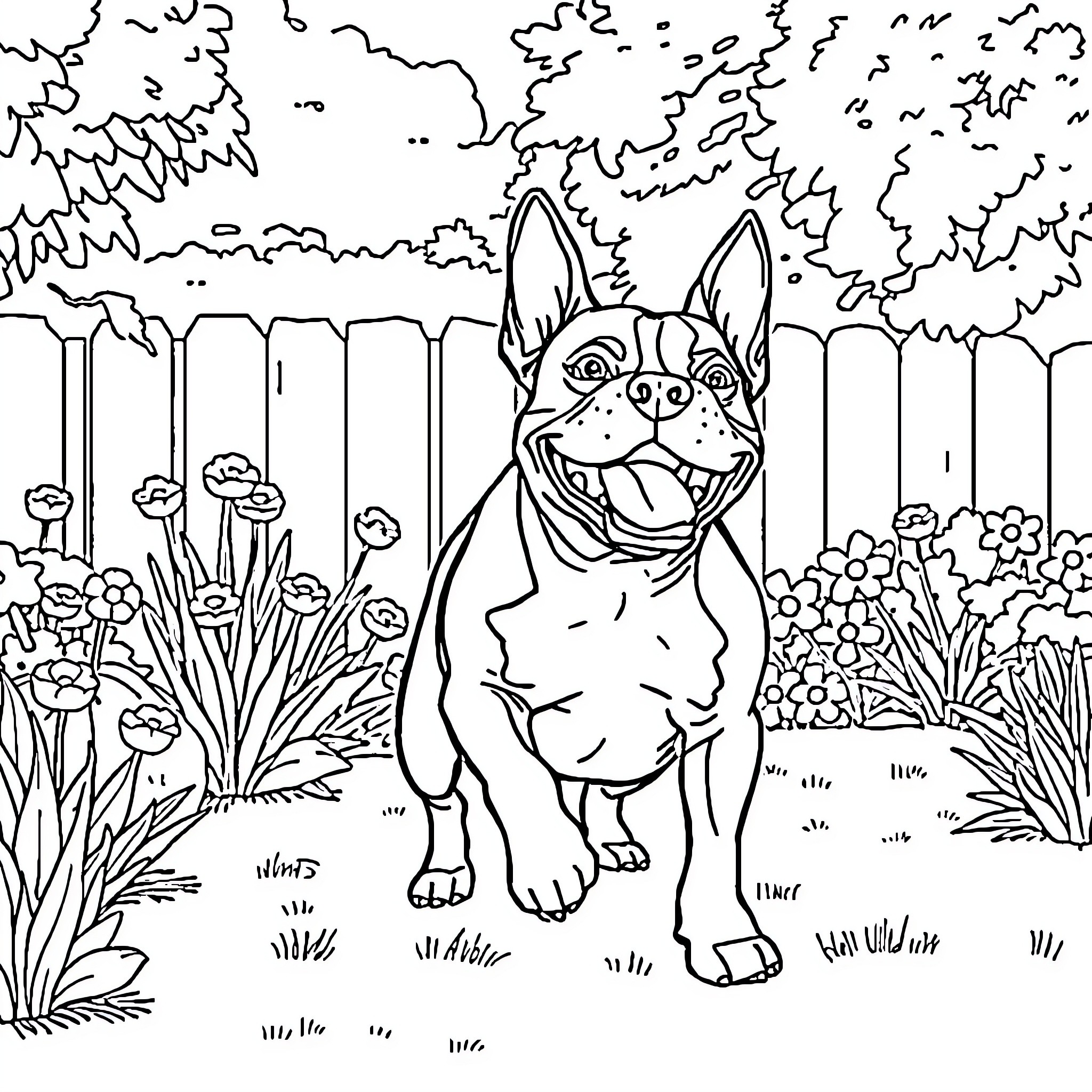 Staffy enjoying the garden outdoors Coloring Page (free black-and-white line drawing printable PDF for all, from beginners to advanced learners, including children, teens, adults, and seniors)