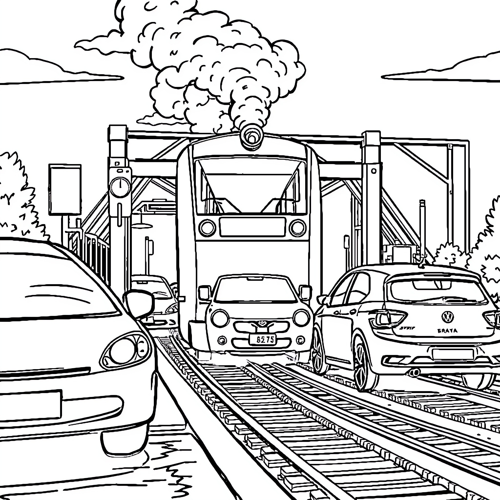 Train Barrier Crossing with Vehicles and Smoke Coloring Page (free black-and-white line drawing printable PDF for all, from beginners to advanced learners, including children, teens, adults, and seniors)
