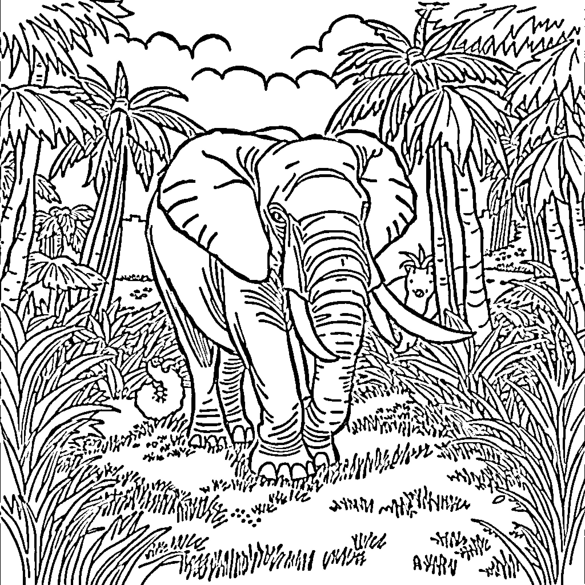 Elephant walking through lush jungle scenery Coloring Page (free black-and-white line drawing printable PDF for all, from beginners to advanced learners, including children, teens, adults, and seniors)