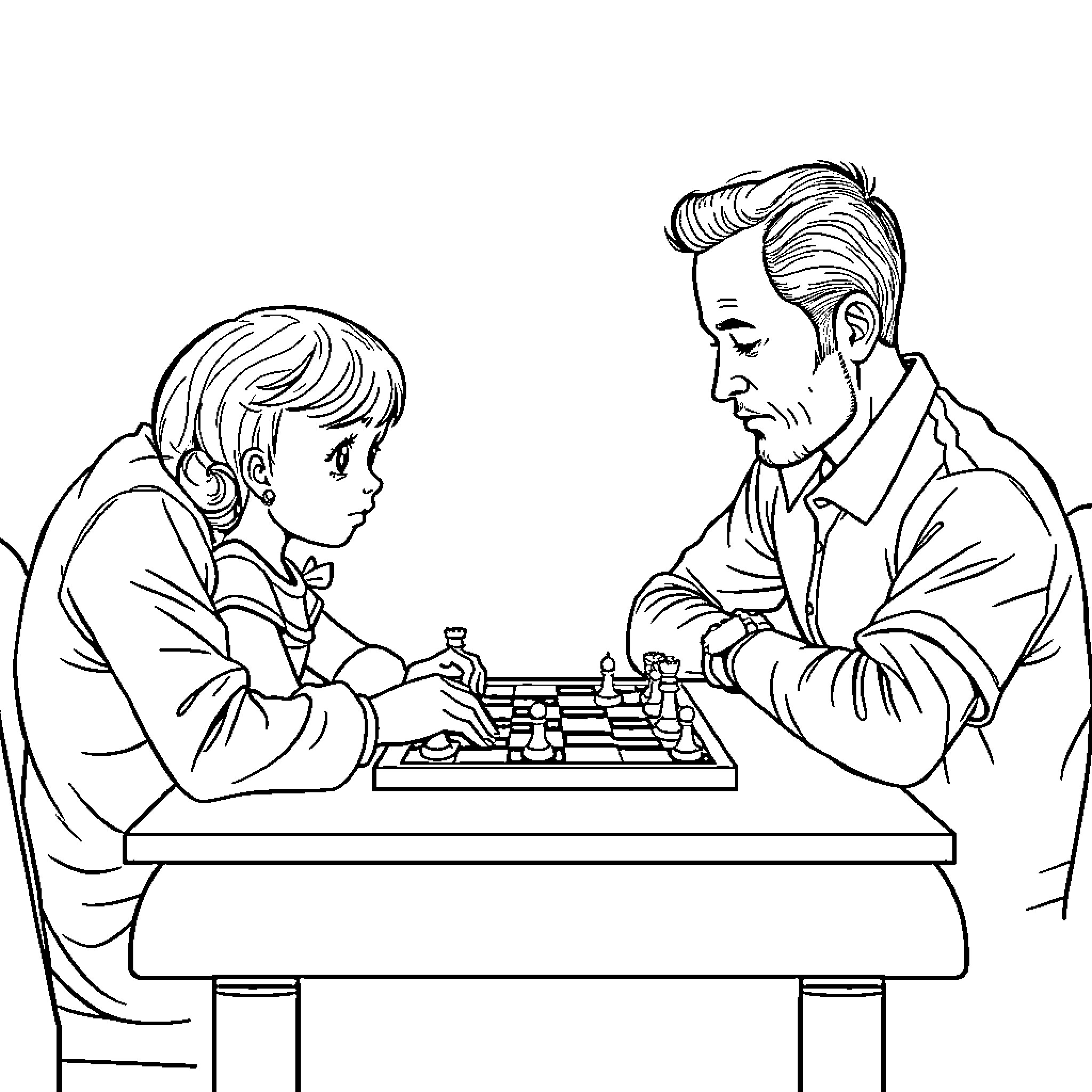 Bluey playing chess with a friend Coloring Page (free black-and-white line drawing printable PDF for all, from beginners to advanced learners, including children, teens, adults, and seniors)