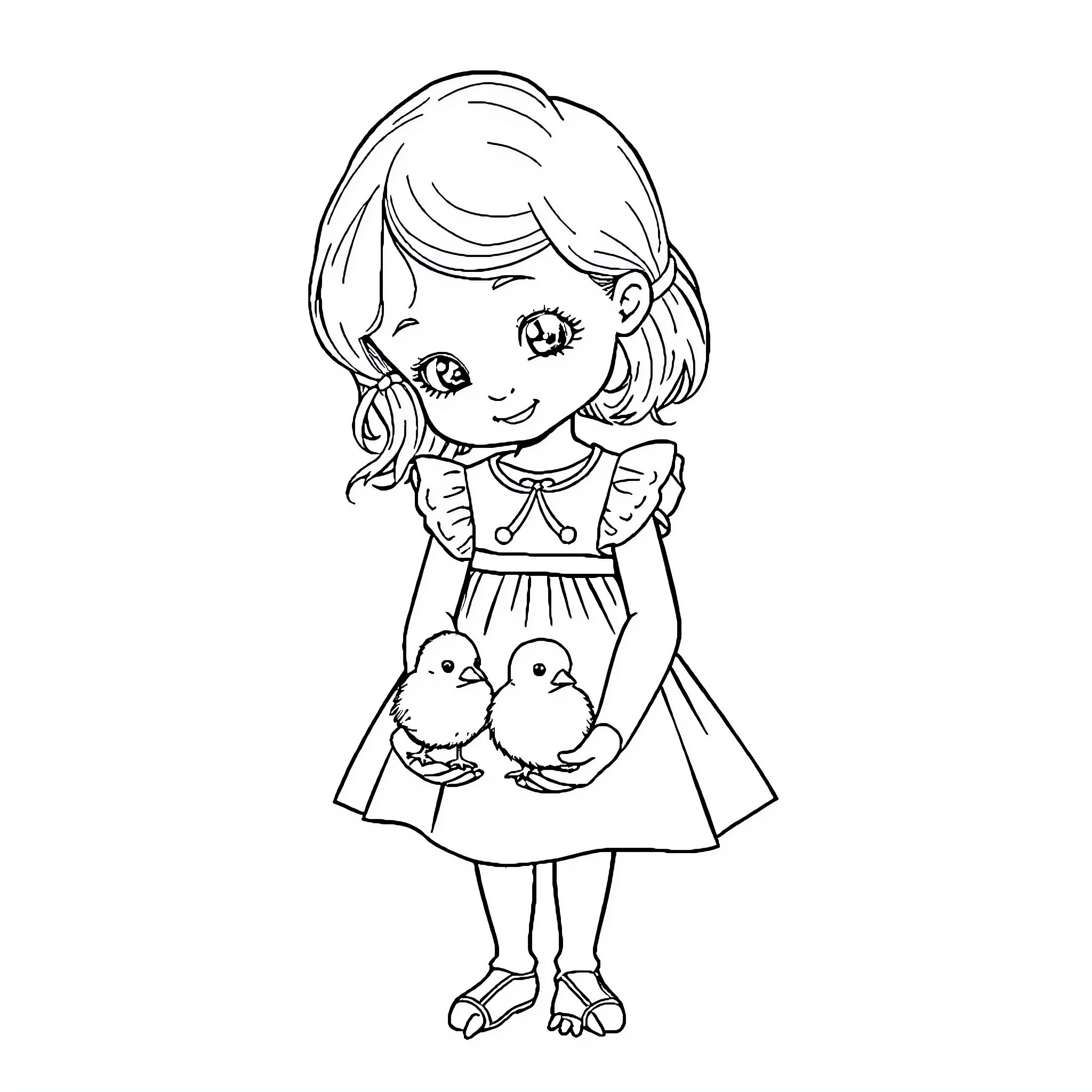 Girl holding baby chicks with a smile Coloring Page (free black-and-white line drawing printable PDF for all, from beginners to advanced learners, including children, teens, adults, and seniors)