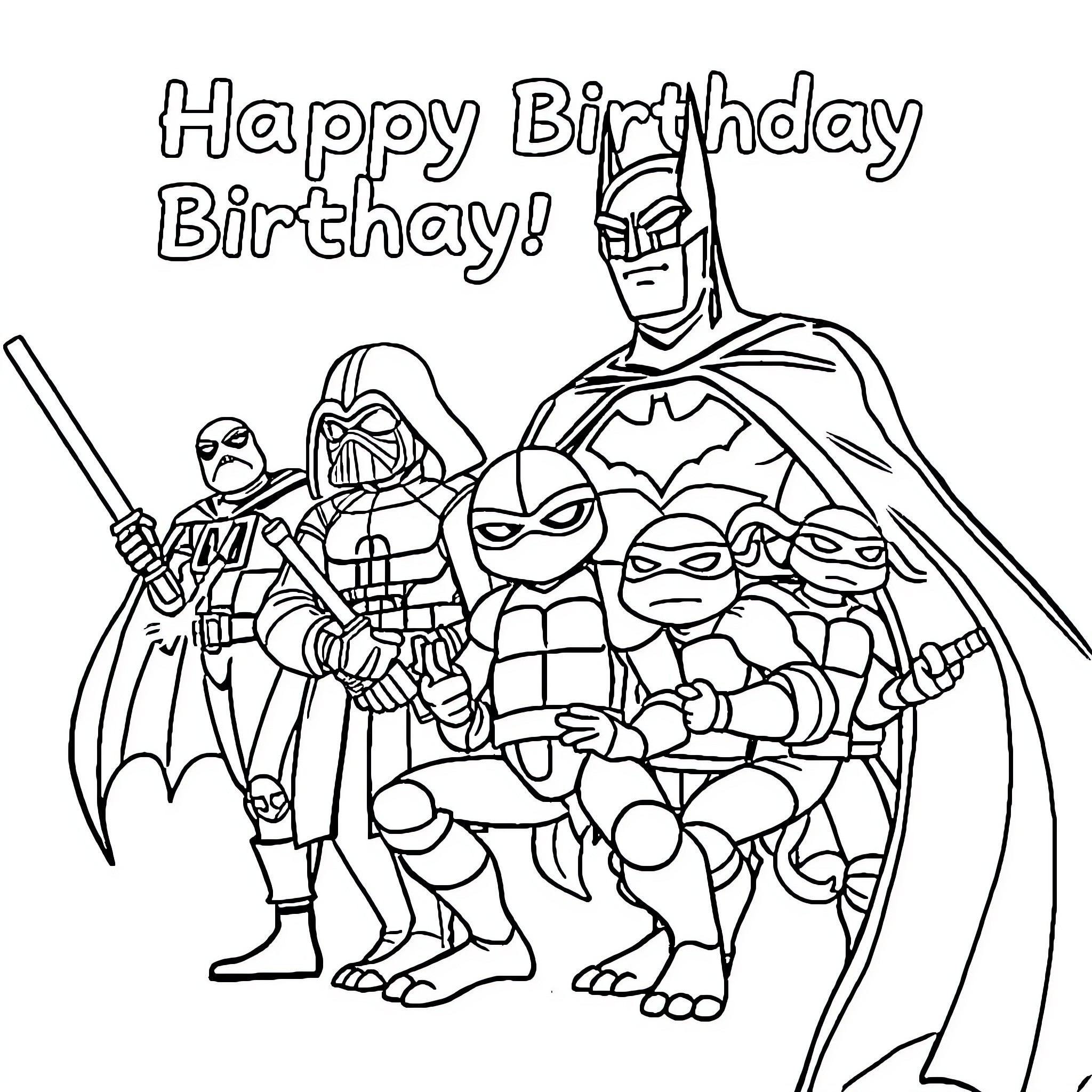 Superhero Birthday Celebration Coloring Page (free black-and-white line drawing printable PDF for all, from beginners to advanced learners, including children, teens, adults, and seniors)