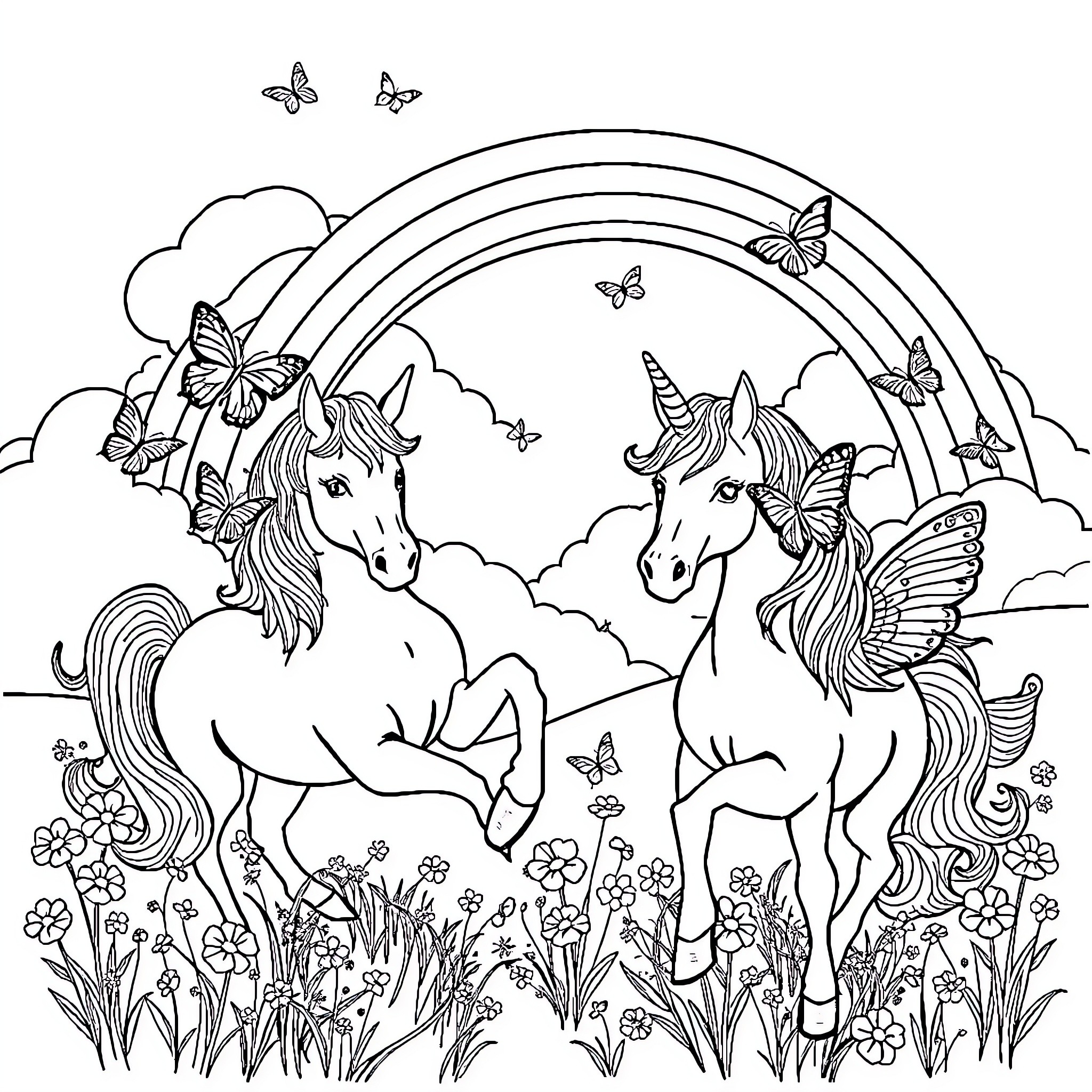 Unicorn fantasy scene with butterflies and flowers Coloring Page (free black-and-white line drawing printable PDF for all, from beginners to advanced learners, including children, teens, adults, and seniors)