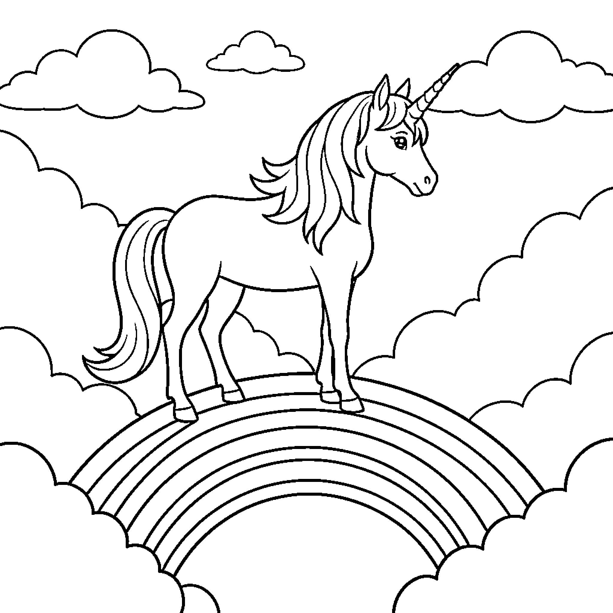 Unicorn standing majestically atop a rainbow in the clouds Coloring Page (free black-and-white line drawing printable PDF for all, from beginners to advanced learners, including children, teens, adults, and seniors)