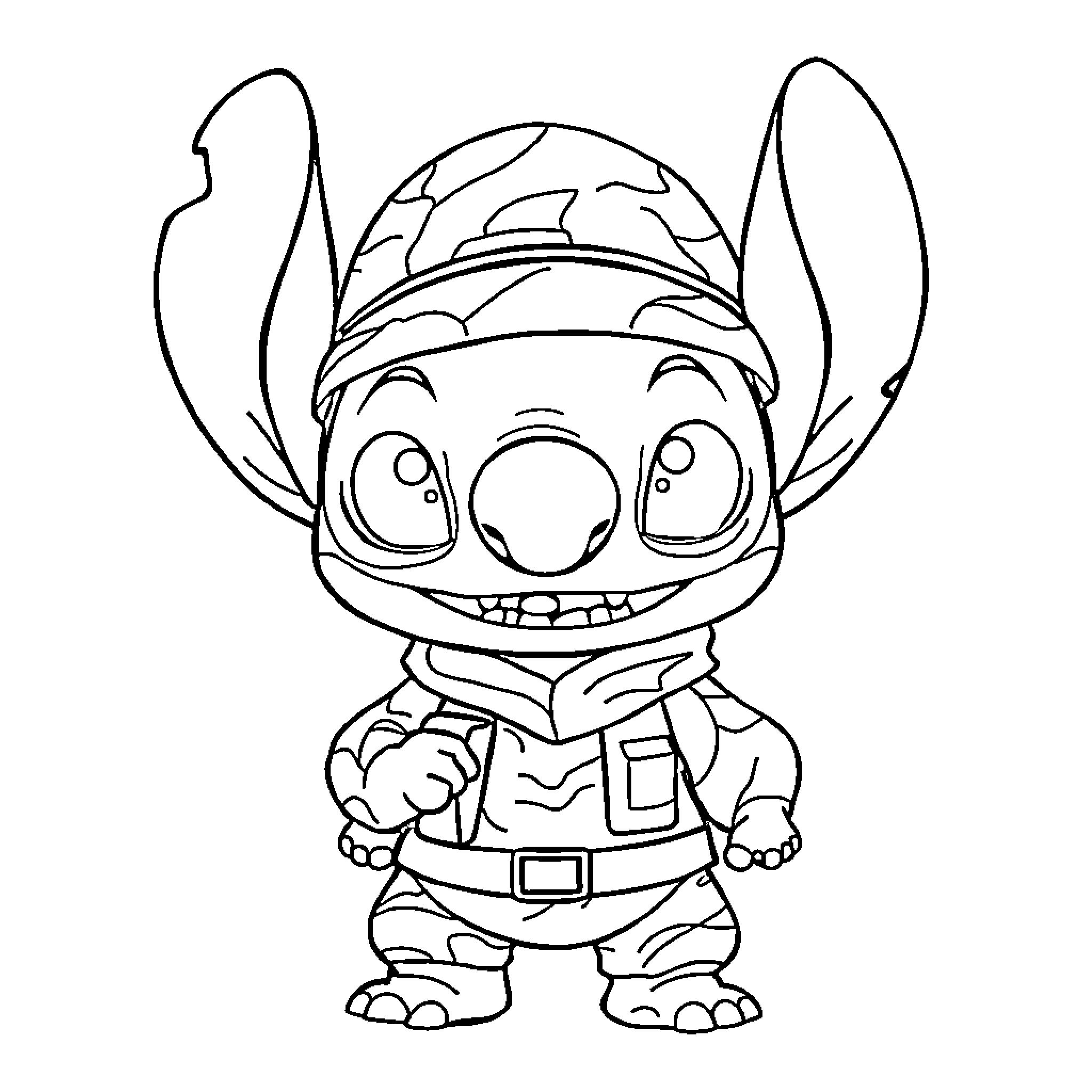 Stitch in Cartoon Outfit Coloring Page (free black-and-white line drawing printable PDF for all, from beginners to advanced learners, including children, teens, adults, and seniors)