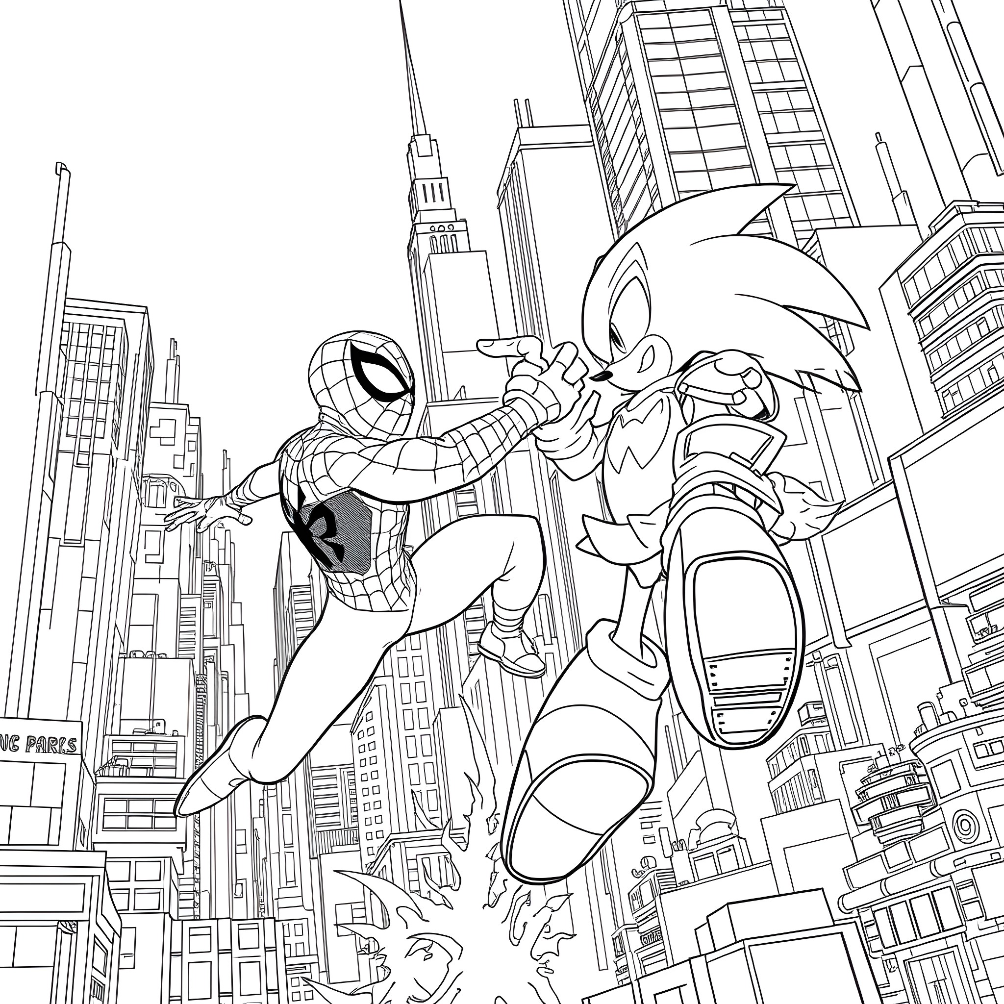 Spiderman swinging through the city with Sonic the Hedgehog Coloring Page (free black-and-white line drawing printable PDF for all, from beginners to advanced learners, including children, teens, adults, and seniors)