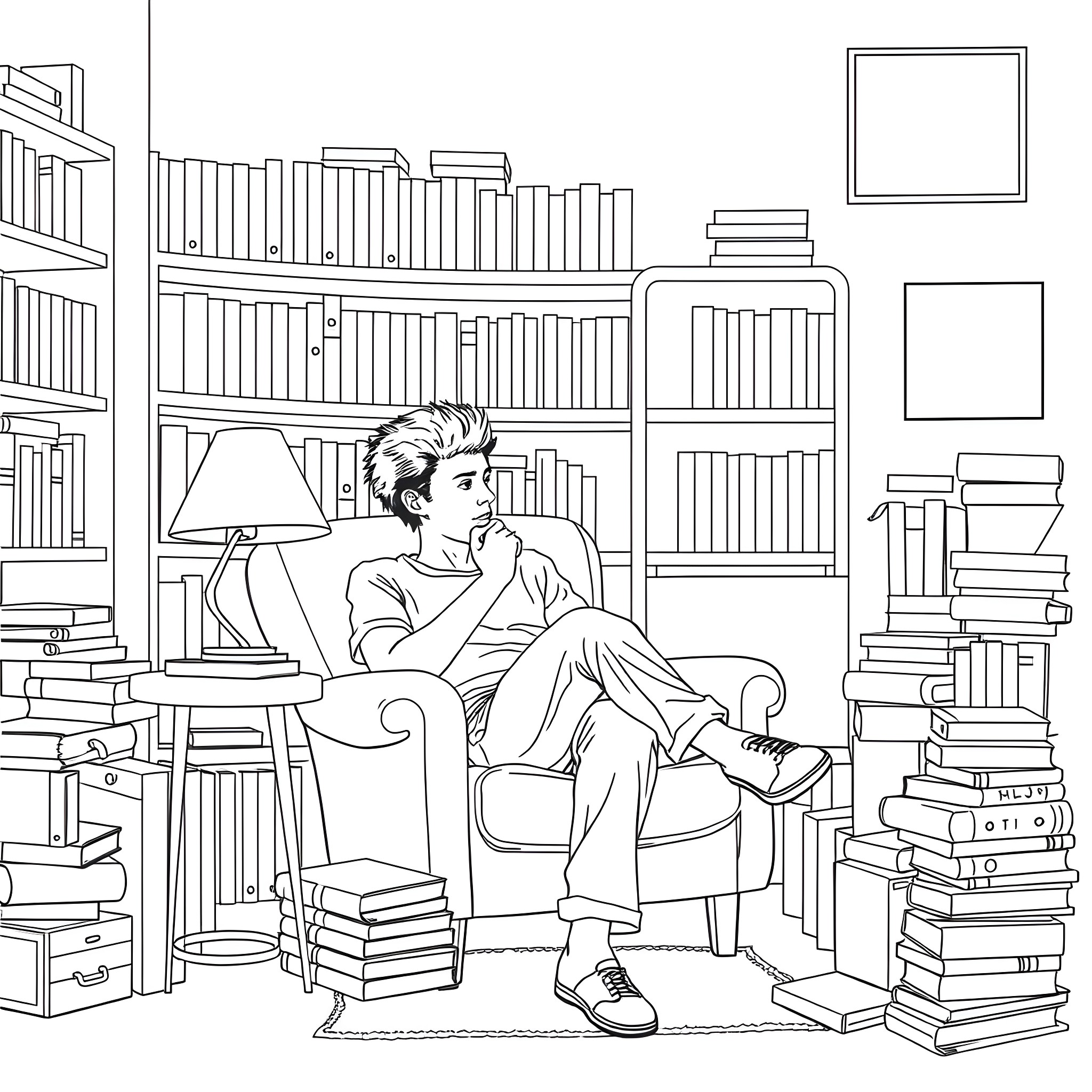 Jahn's Quiet Contemplation Amidst the Books Coloring Page (free black-and-white line drawing printable PDF for all, from beginners to advanced learners, including children, teens, adults, and seniors)