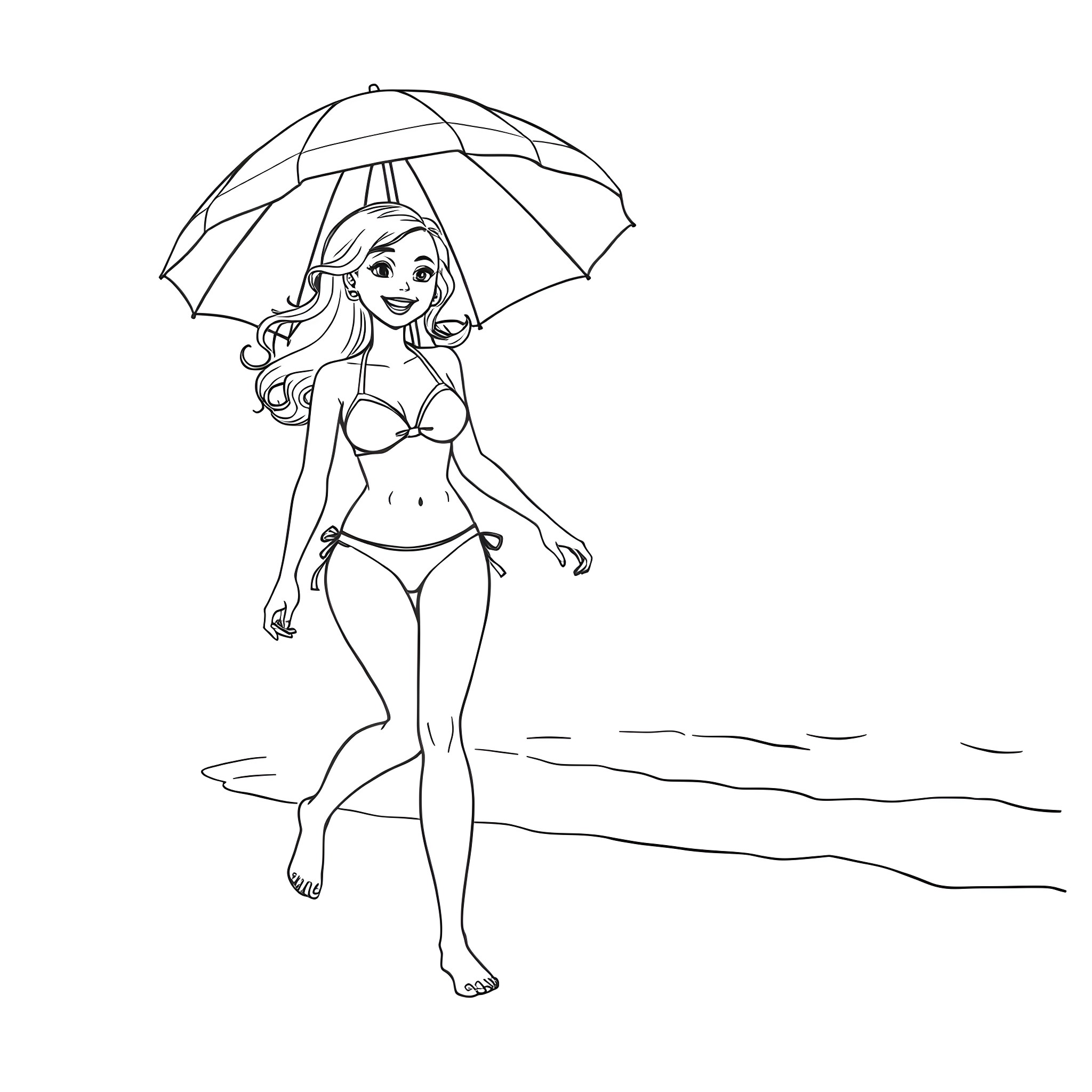 Bikini Girl Walking on the Beach with Umbrella Coloring Page (free black-and-white line drawing printable PDF for all, from beginners to advanced learners, including children, teens, adults, and seniors)