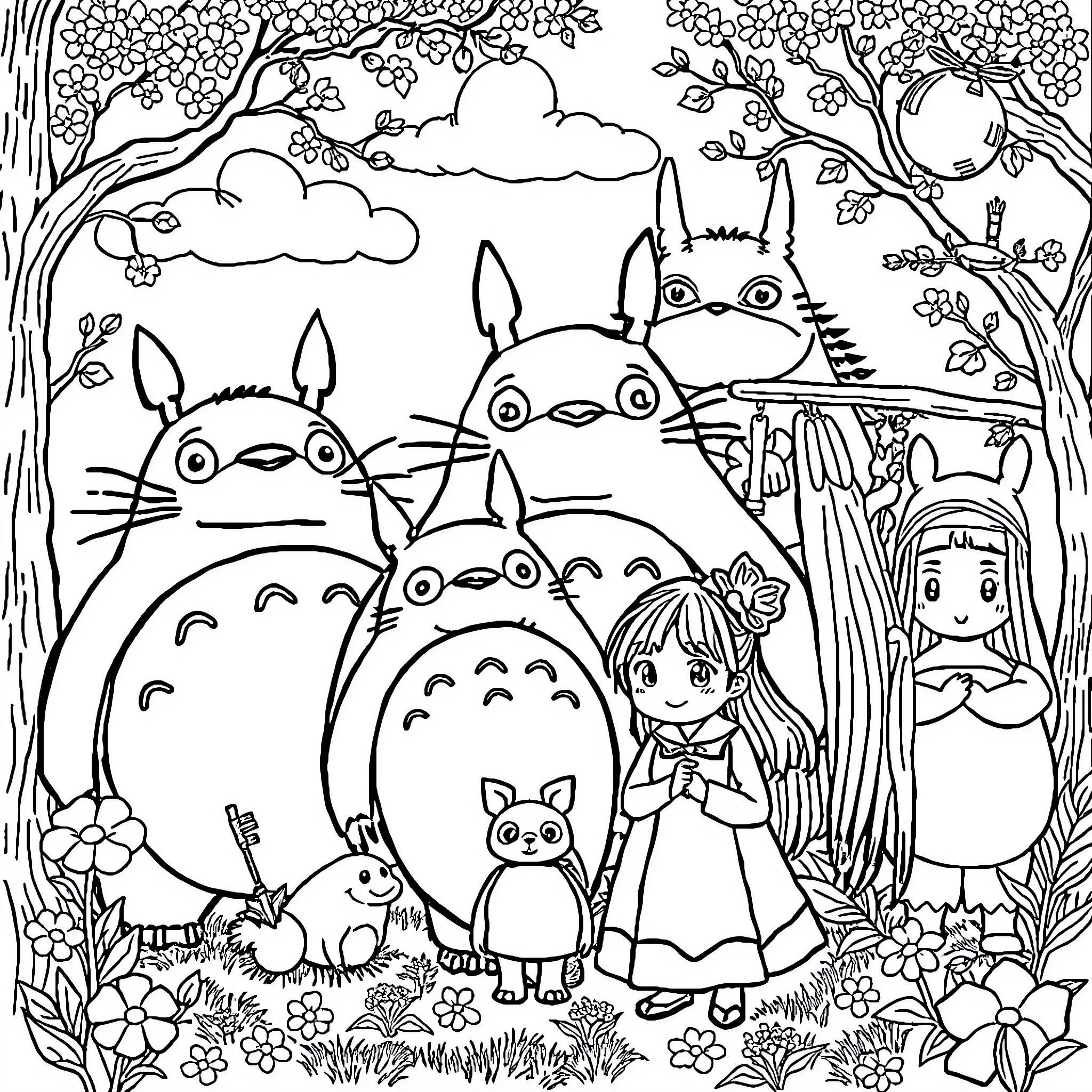 Studio Ghibli Characters in a Whimsical Forest Scene Coloring Page (free black-and-white line drawing printable PDF for all, from beginners to advanced learners, including children, teens, adults, and seniors)