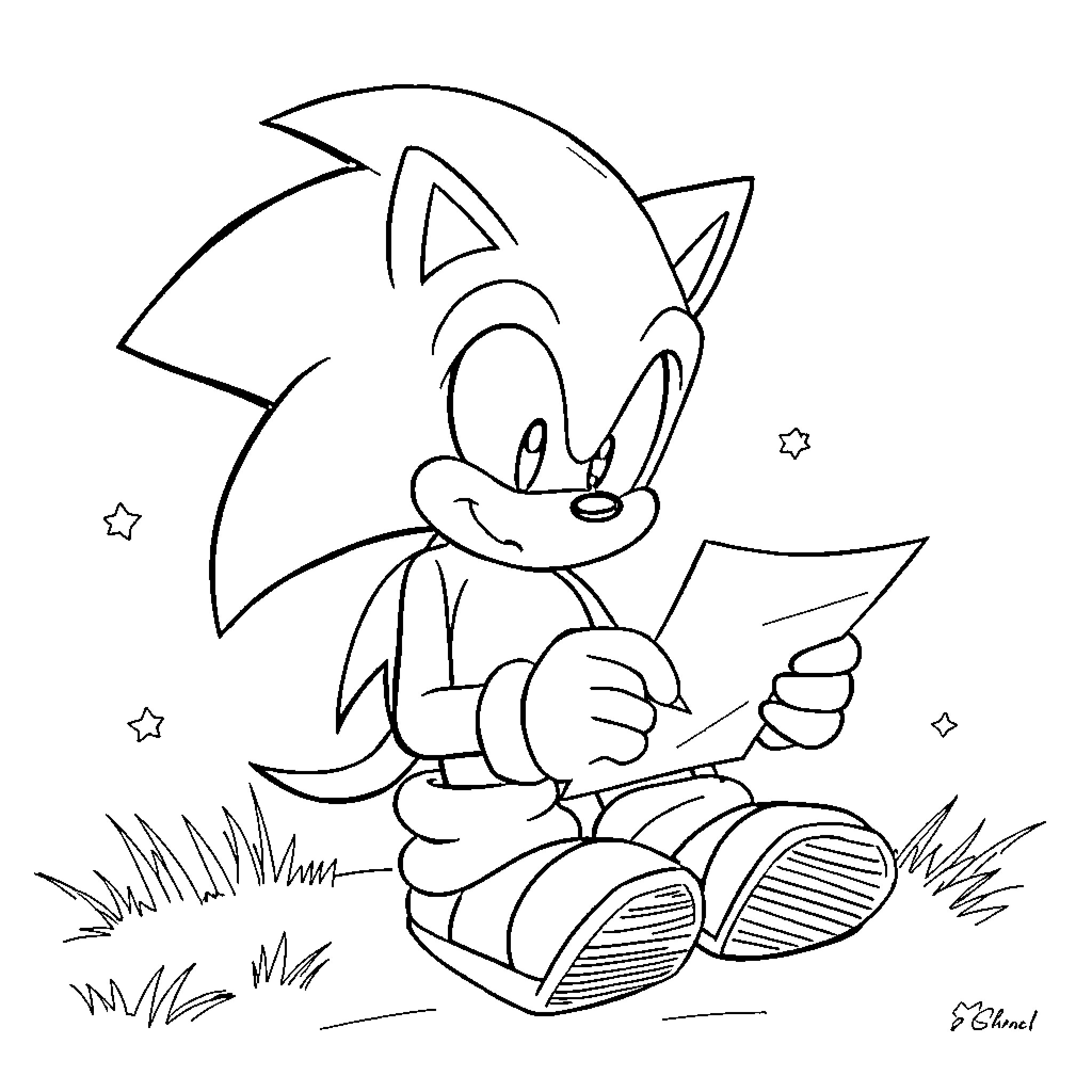 Sonic Reading a Book in Nature Coloring Page (free black-and-white line drawing printable PDF for all, from beginners to advanced learners, including children, teens, adults, and seniors)